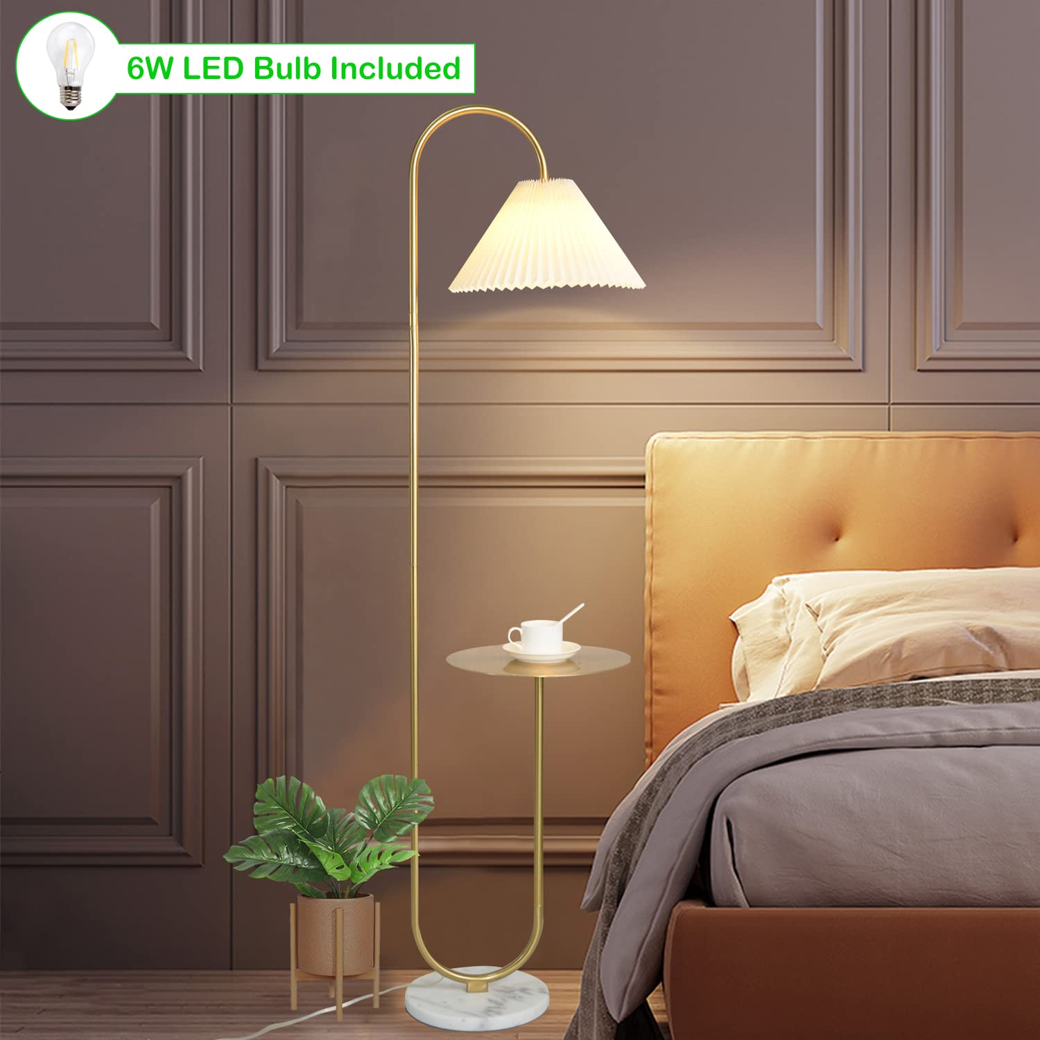Beaysyty Modern Elegant Floor Lamp with Tray - Brass/Gold Finish & Light Yellow Pleated Lampshade for Office, Cafe, Living Room & Bedroom | Foot Switch Control | Perfect for Reading, Working & Relaxing