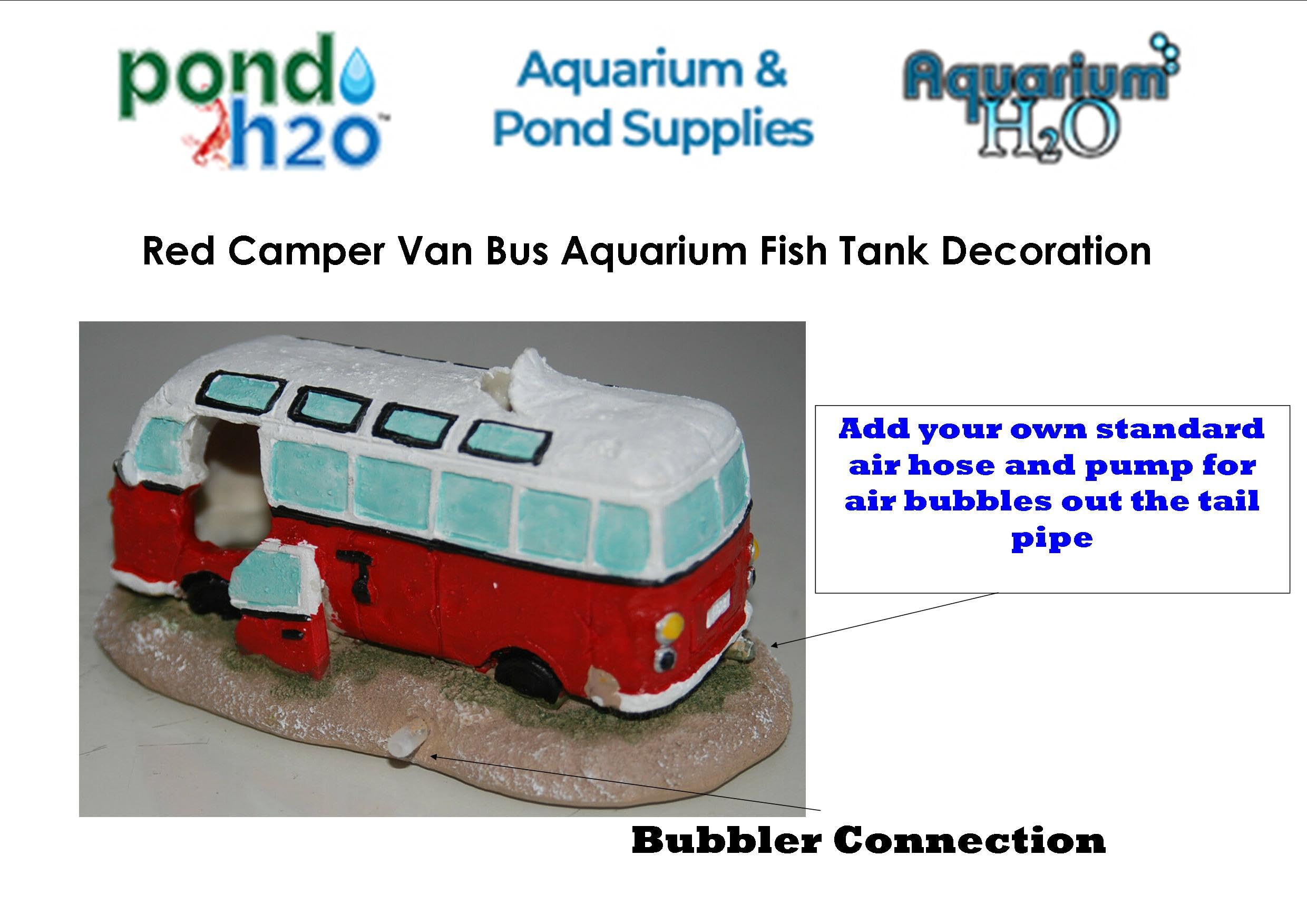 Red Camper Van Aquarium Decor - Small Fish Tank Bubbler Ornament with Bubble Feature | Perfect for Fish Hideouts, Aquarium Landscaping & Decoration | Great for Home, Office or Kids' Fish Tank Accessories
