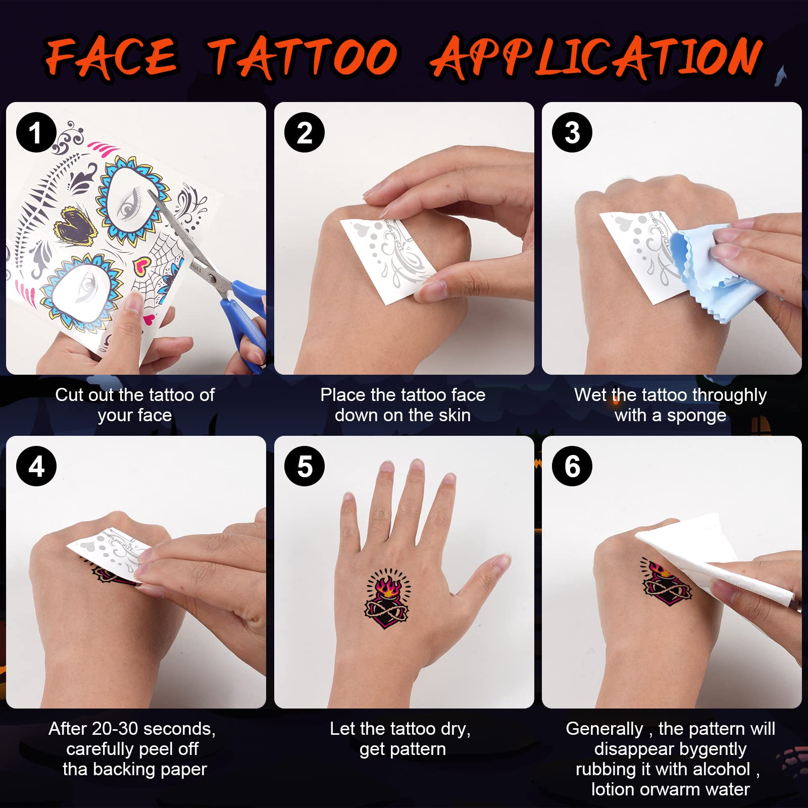URAQT Halloween Temporary Tattoos for Adults - 12 Sheets Waterproof Zombie, Skull Face, Day of the Dead Makeup Stickers | Perfect for Halloween Parties, Costume Contests & Themed Events