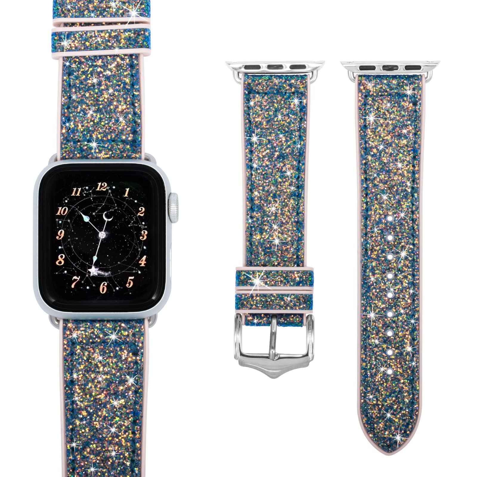 Sparkly Glitter Slim Apple Watch Band Compatible with Series 8/7/6/SE/5/4/3/2/1 - 38mm 40mm 41mm 42mm 44mm 45mm - Cute Silicone Watch Strap for Women & Girls | Perfect for Workouts, Parties & Everyday Fashion Accessory