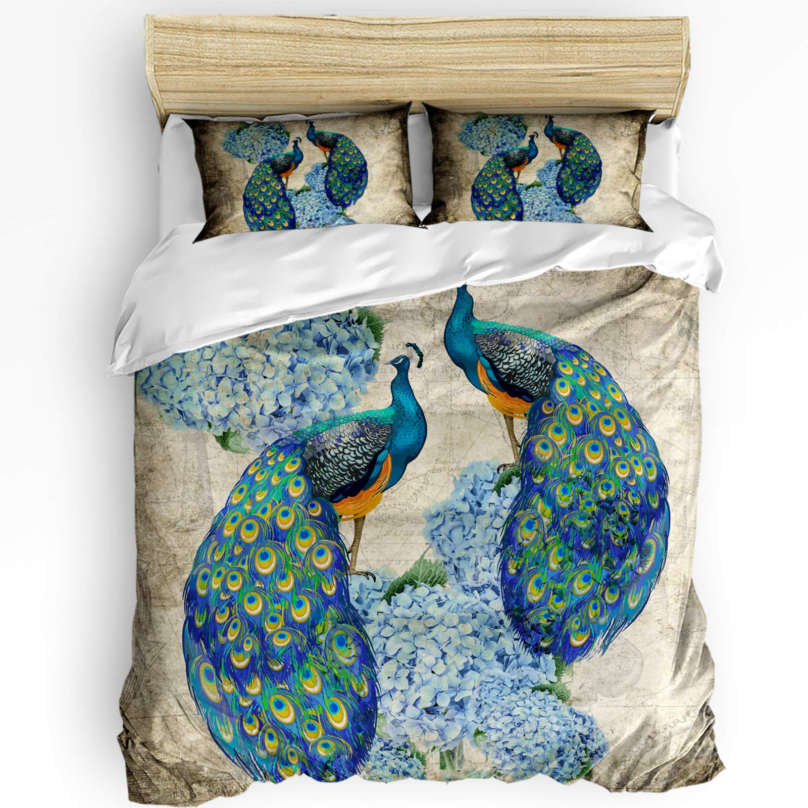 Vintage 1998 Peacock Hydrangea Watercolor Duvet Cover Set - 3 Piece Queen Size Soft Bedding with Zipper Closure | Perfect for Bohemian Bedroom Decor & Guest Room Makeover