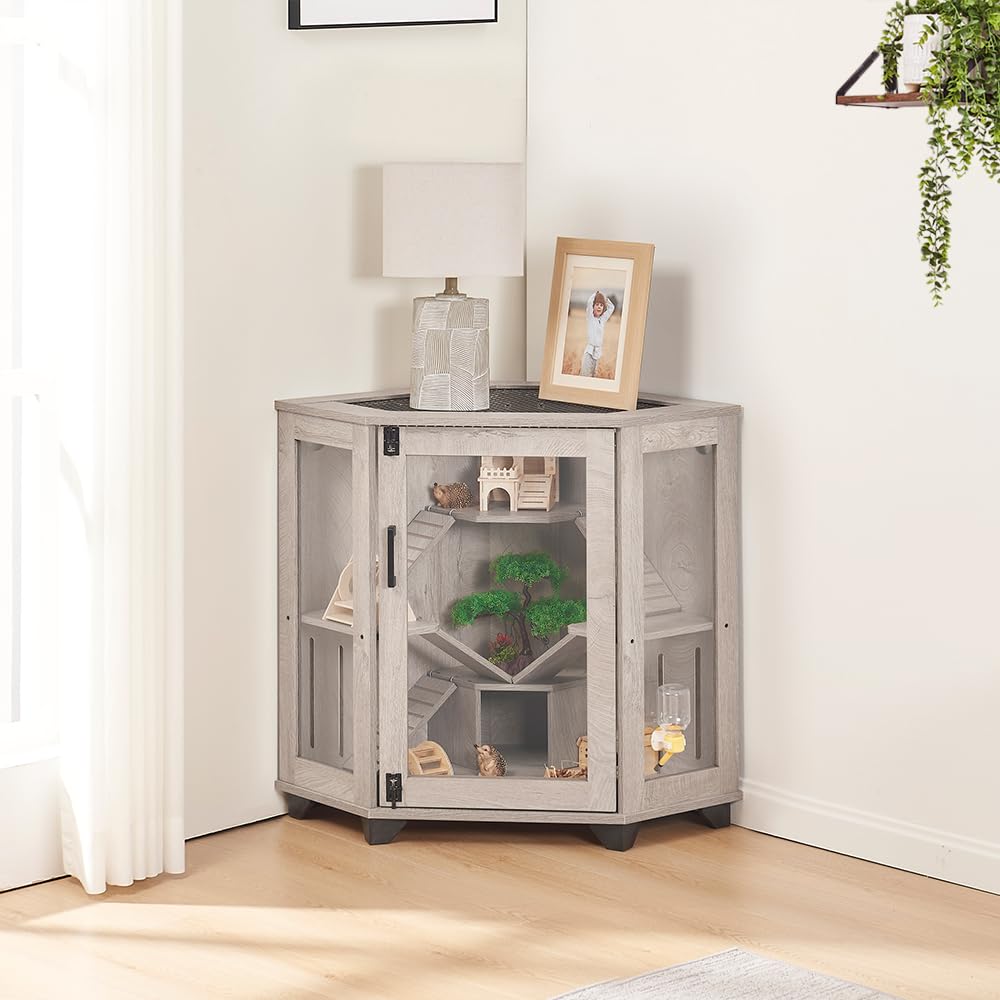 Unipaws Clear Acrylic Small Animal Cage with Ramp & House - Chinchilla, Rat, Hedgehog, Hamster, Mice Habitat - Perfect for Corner Spaces in Home, Office or Classroom