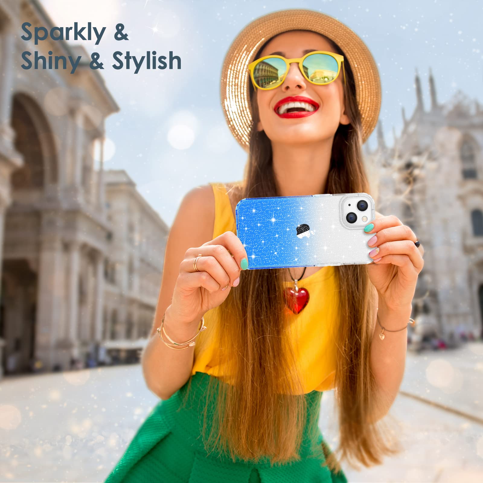 Hython Sparkly Glitter Case for iPhone 14 Plus - Cute Clear Shiny Bling TPU Cover with Gradient Blue Design | Anti-Scratch, Shockproof & Slim Fit Protective Phone Case for Women & Girls | Perfect for Parties, Daily Use & Gift Giving