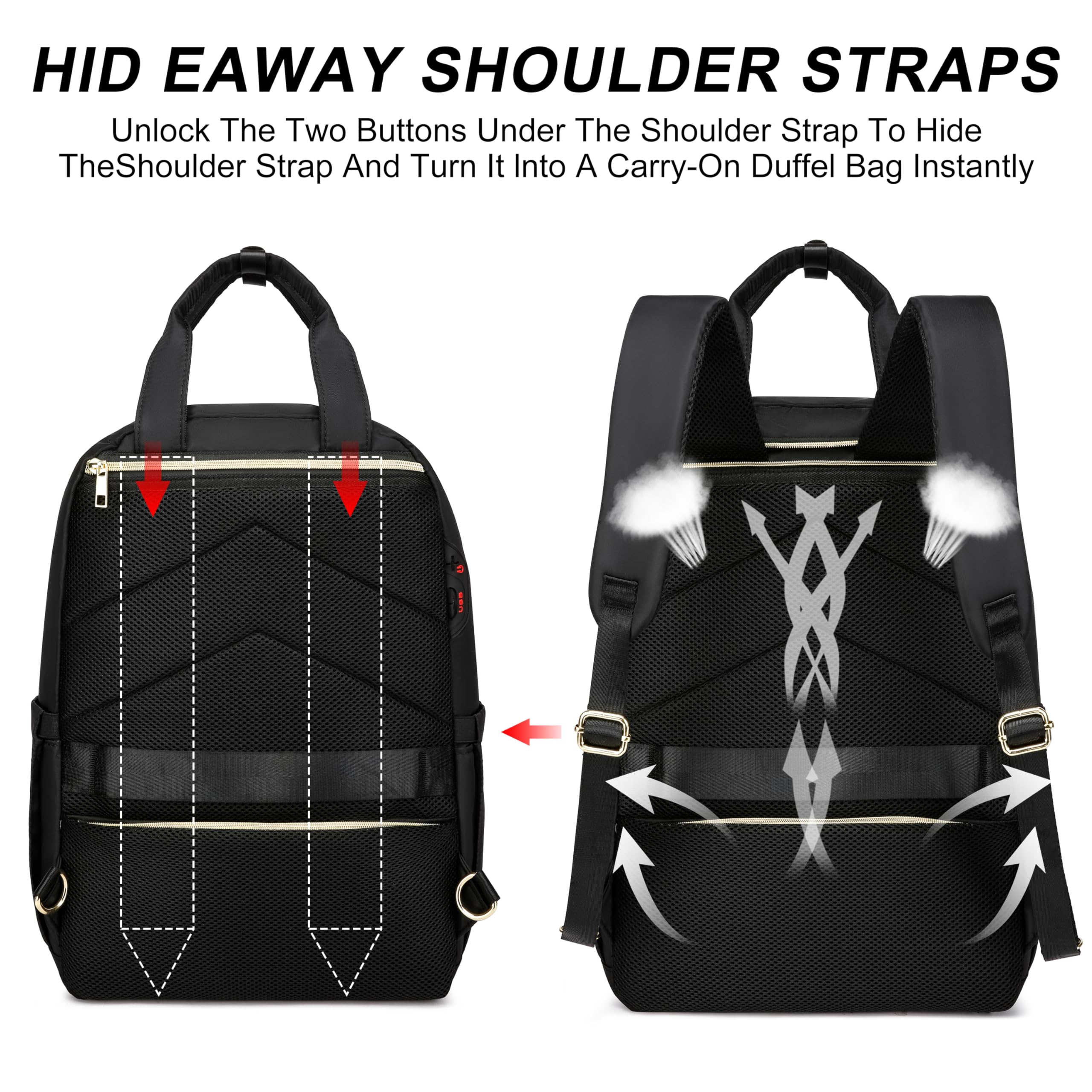 CAFELE Women's Convertible Backpack with USB Charging Port - 17.3 Inch Anti-Theft Laptop Backpack for College, Work & Travel | Stylish Shoulder Purse & Business Bag (Quilted Black) - Perfect for Commuting, Office, School, Campus Life & Daily Use | Great for Professionals, Students & Teachers | Ideal for Business Meetings, Coffee Shops, Air Travel & Urban Lifestyle