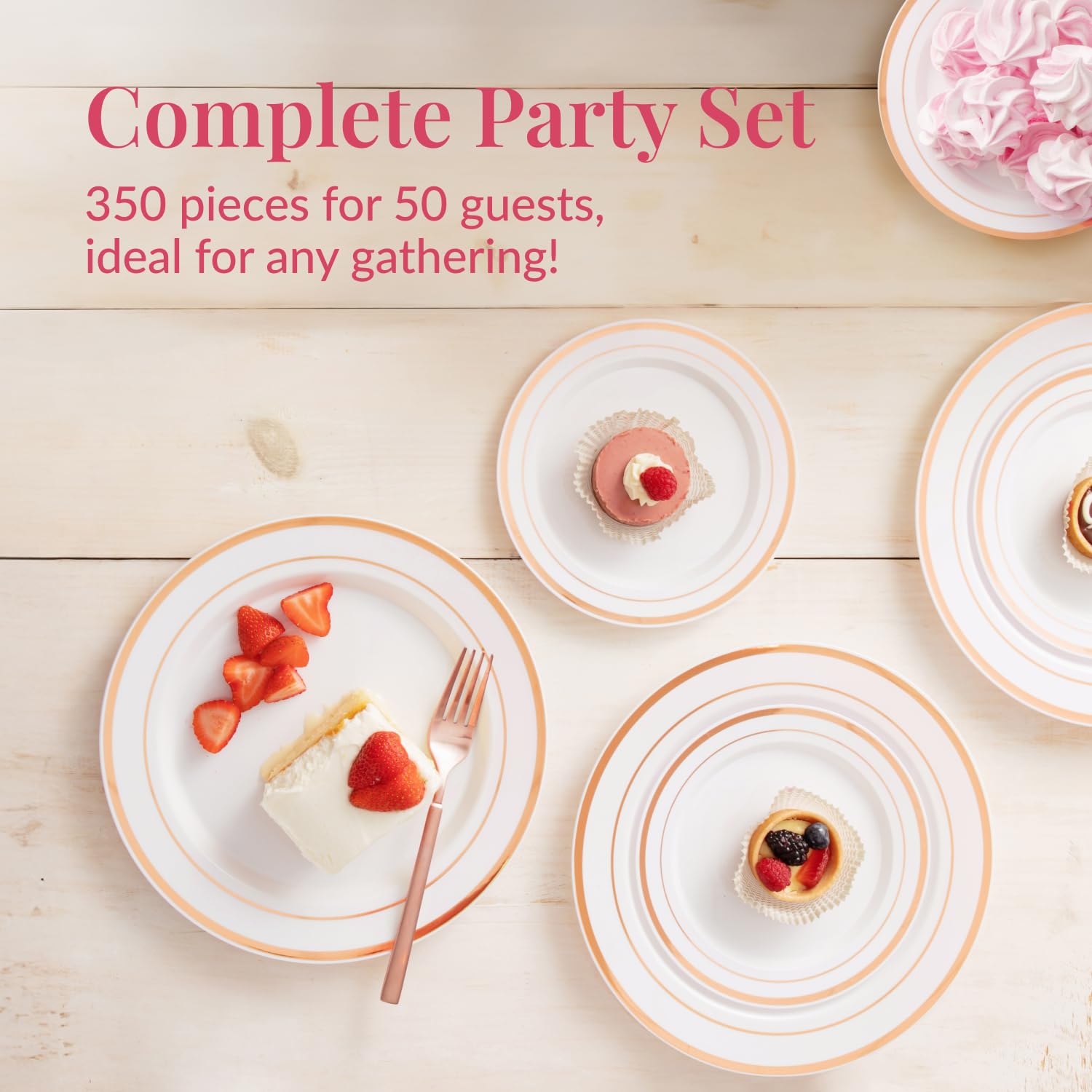 Prestee Rose Gold Disposable Dinnerware Set - 350-Piece Plastic Party Tableware for 50 Guests, Includes Plates, Cups, Forks, Knives & Spoons - Perfect for Weddings, Baby Showers, Birthday Parties & Outdoor Dining Events
