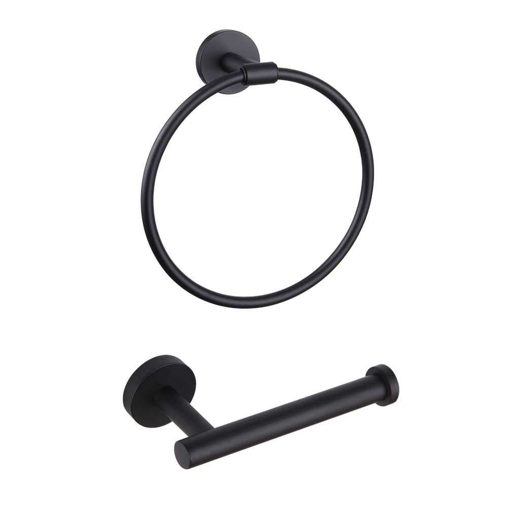 GERZWY 2-Piece Black Bathroom Hardware Set - Stainless Steel Towel Ring & Toilet Paper Holder, Wall Mounted Matte Black (AG1404B-BK) | Durable 304 SUS for Modern Bathrooms, Powder Rooms & Guest Bath Decor