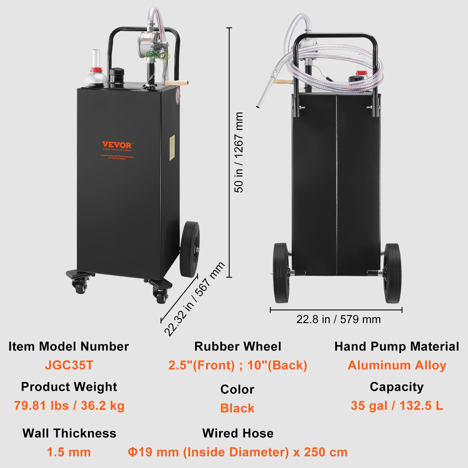 VEVOR 35 Gallon Portable Gas Caddy with Manual Pump - 4-Wheel Fuel Storage Tank for Gasoline & Diesel - Heavy Duty Transport Container for Cars, Lawn Mowers, ATVs, Boats & More - Ideal for Home, Farm & Marine Use