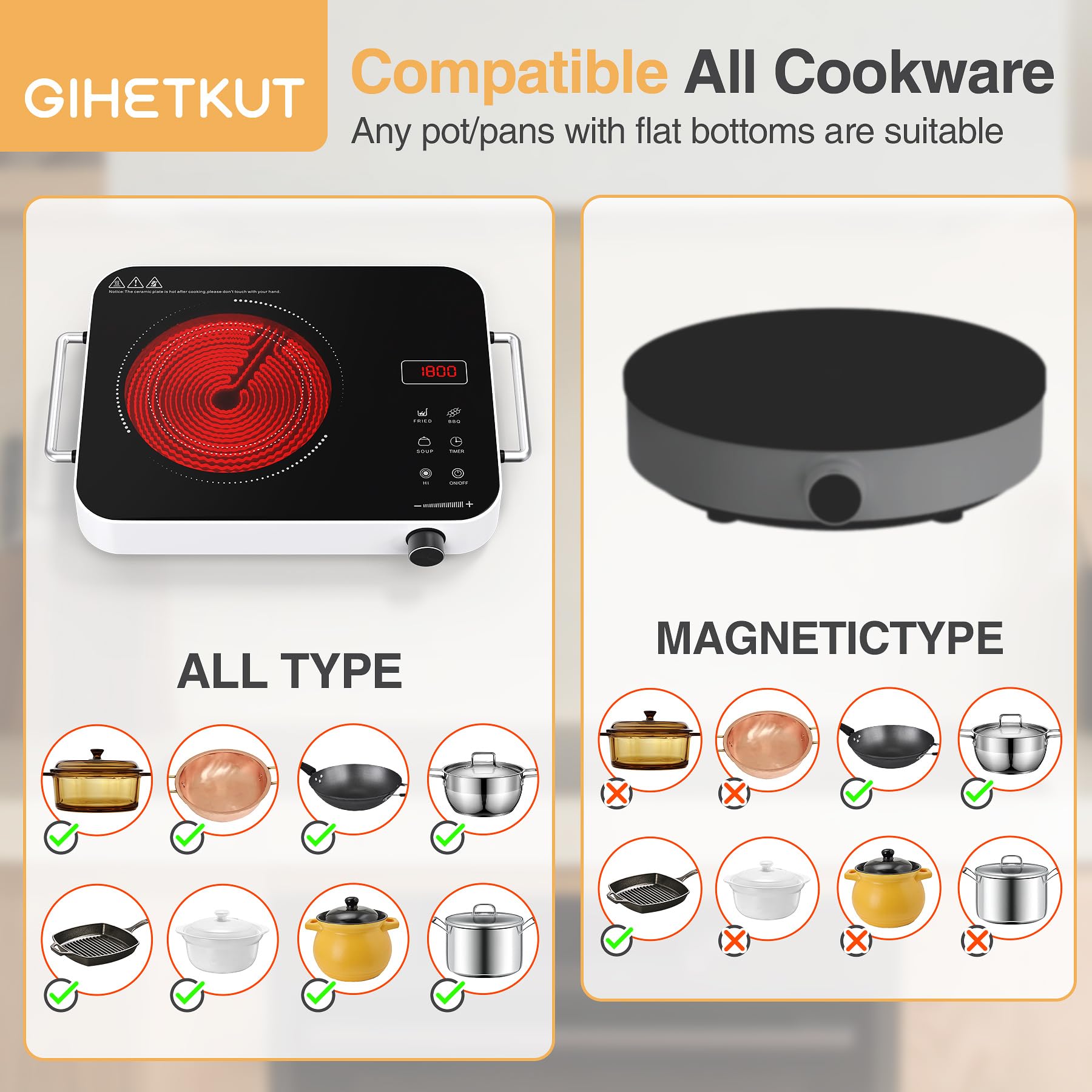 1800W Single Burner Electric Cooktop with Knob Control - Portable 110V Stove Top with Double Ring Heating, 2 Handles & 4-Hour Timer - Perfect for Dorm Rooms, Small Kitchens & RV Cooking