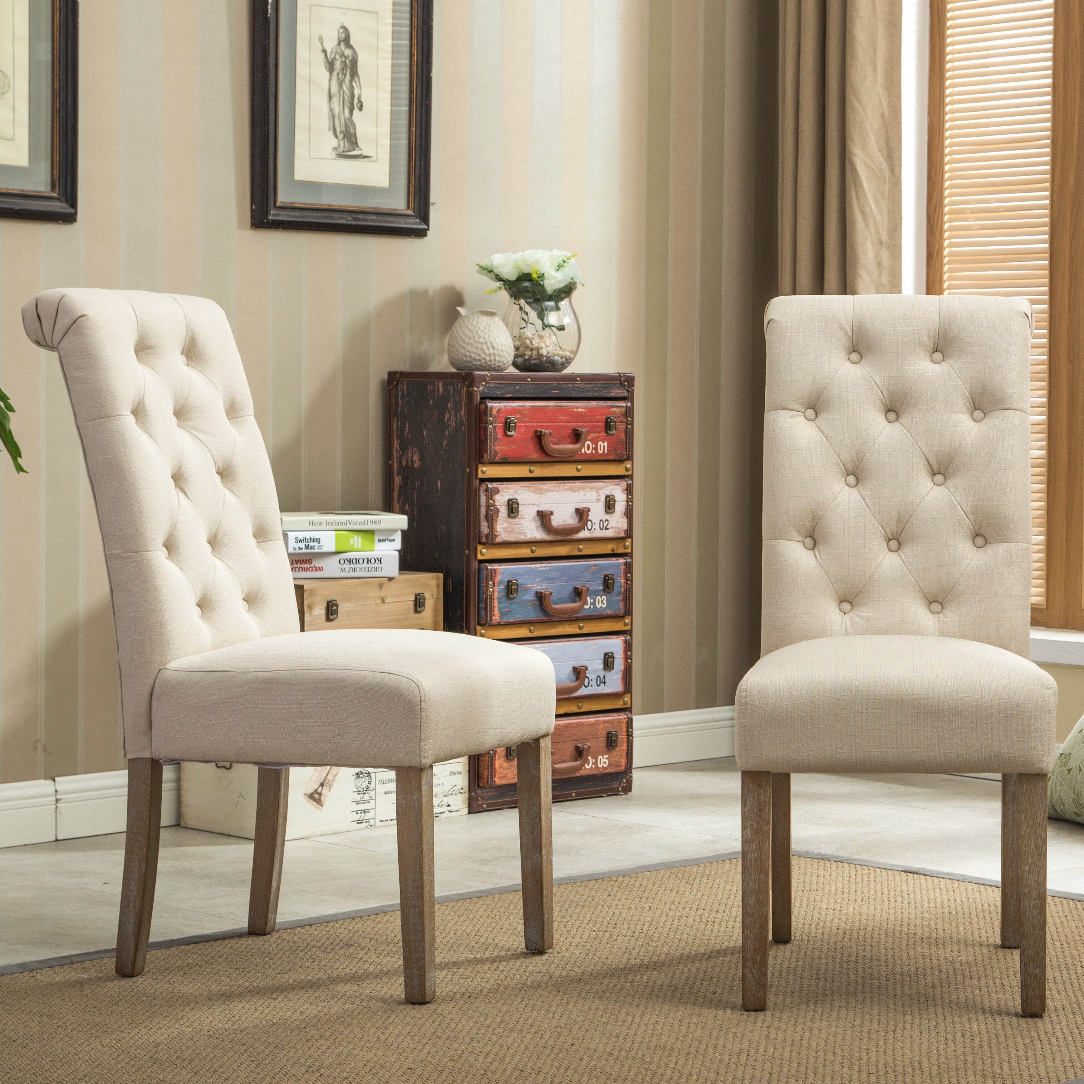 Roundhill Furniture Habit Solid Wood Tufted Parsons Dining Chair Set of 2, Tan - Modern Farmhouse Style Dining Chairs for Kitchen, Dining Room & Home Office