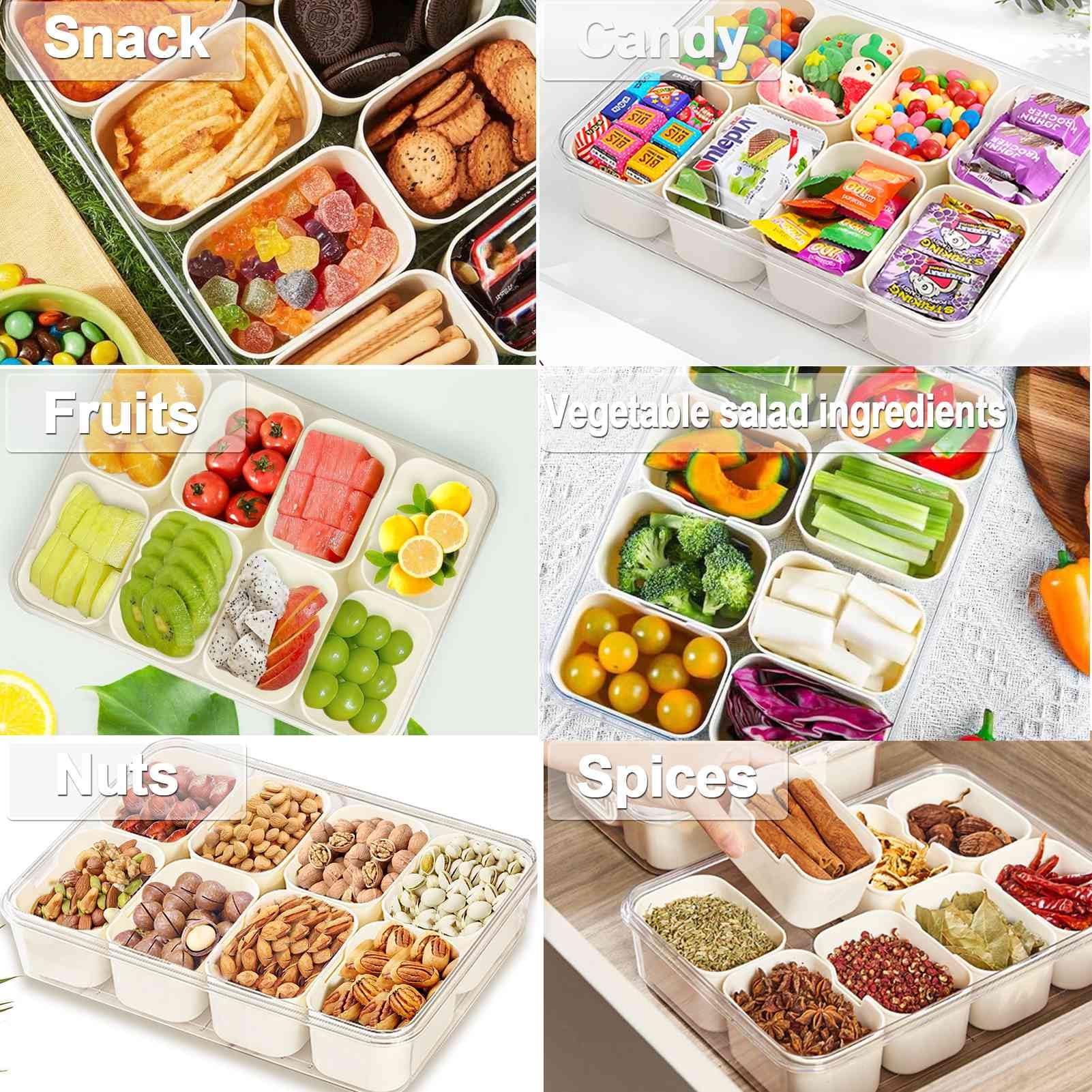 8-Compartment Divided Serving Tray with Lid & Handle - Clear Portable Snackle Box for Travel, Picnics & Parties - Perfect for Snacks, Fruits, Vegetables, Candy & Spices - BPA-Free Food Storage Container