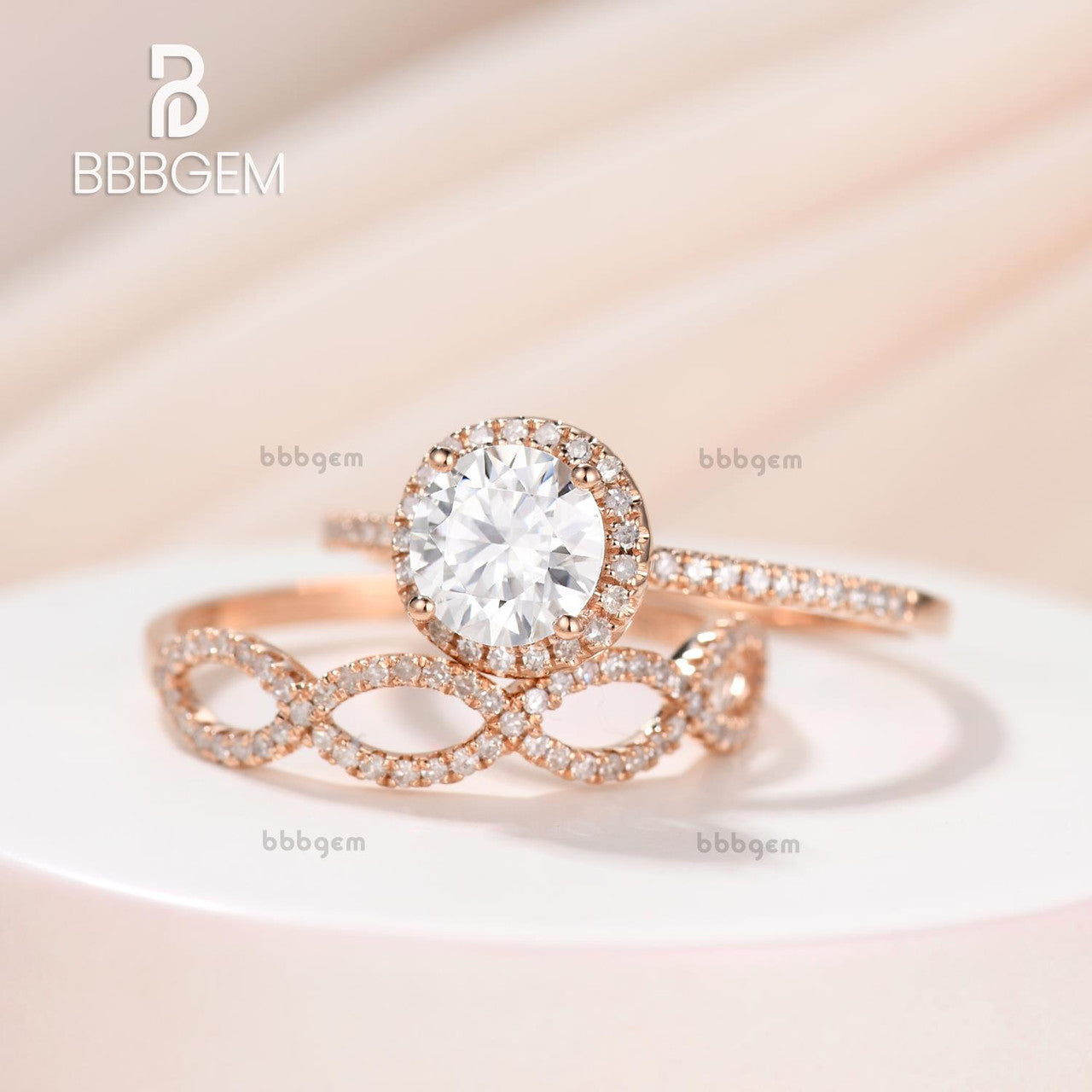 1 Carat Round Moissanite Wedding Ring Set 14k Rose Gold Engagement Ring with Diamond Accents - Infinity Stackable Matching Band for Bridal, Anniversary & Special Occasions