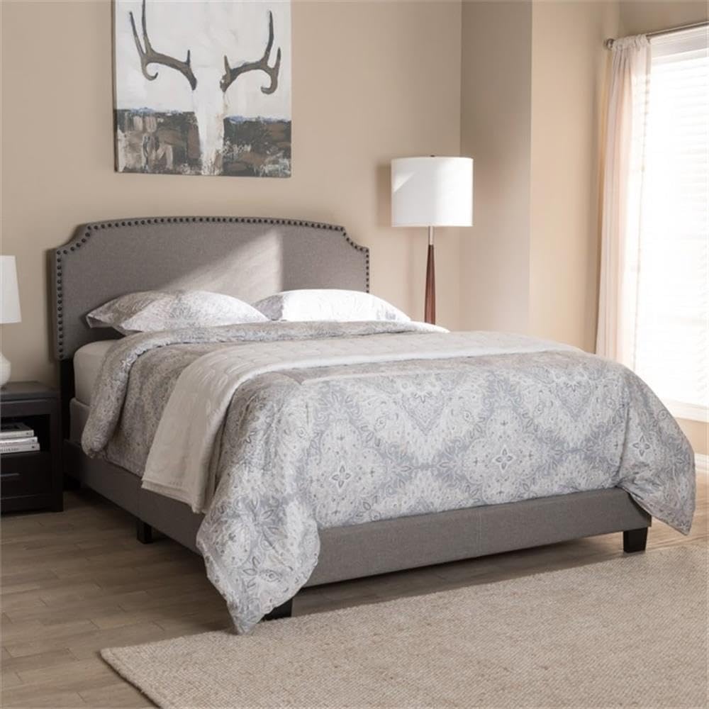 Baxton Studio Odette Nailhead Upholstered King Size Bed Frame in Light Grey - Luxurious Bedroom Furniture for Master Suite Decor