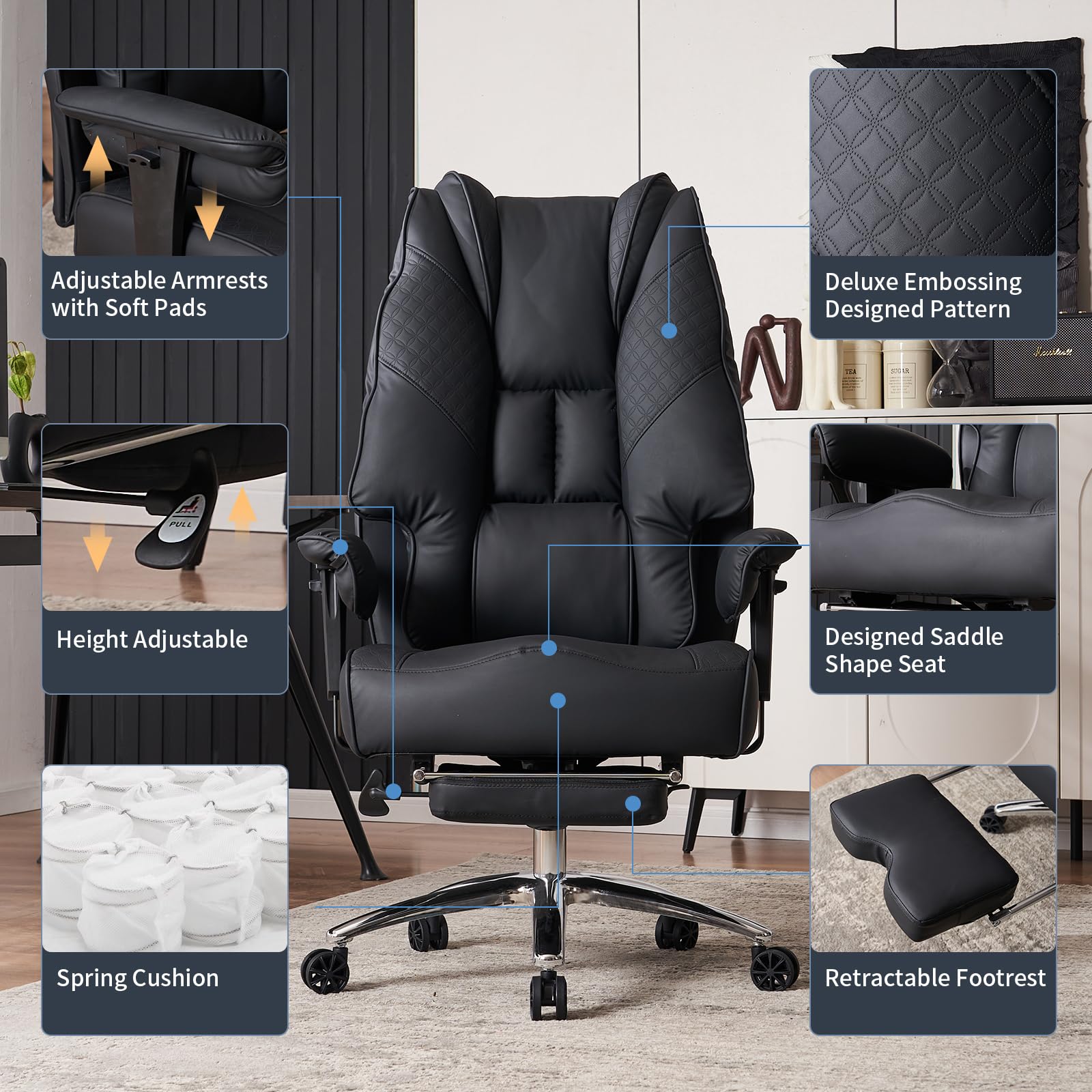 Big and Tall Office Chair 400lbs Capacity - Wide Seat Leather Executive Chair with Adjustable Lumbar Support & Footrest - Ergonomic High Back Desk Chair for Back Pain Relief - Perfect for Home Office, Gaming & Workspace (Black)