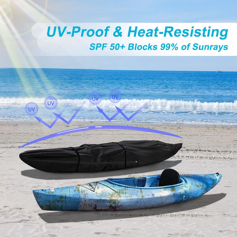 600D Heavy Duty Waterproof & UV-Resistant Kayak Cover - Fade & Tear Proof Canoe Cover with Waterproof Zipper for Indoor/Outdoor Storage - Perfect for Trailering, Boat Storage & All-Weather Protection