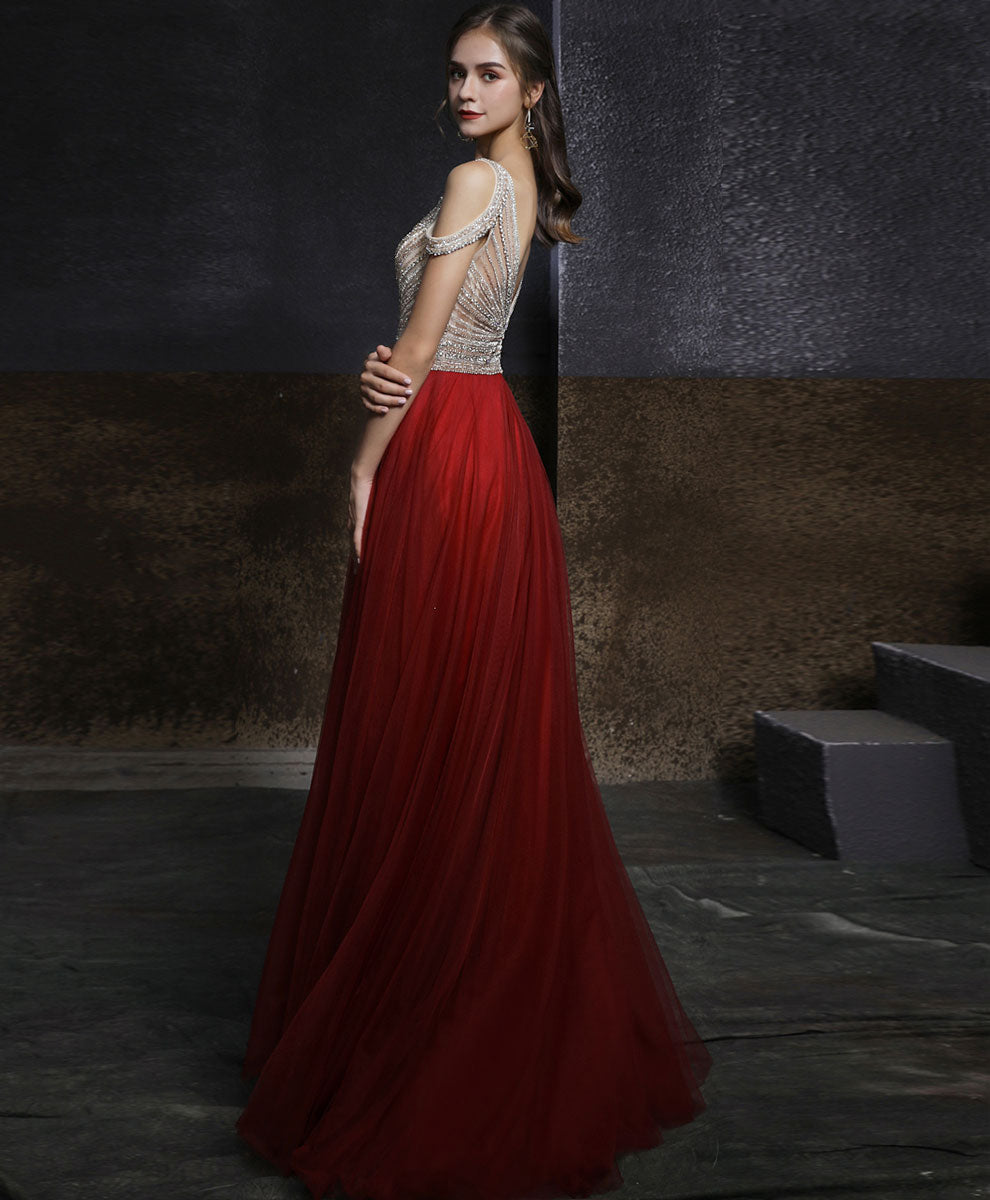 Elegant Burgundy V-Neck Beaded Long Prom Dress for Women | Formal Graduation Gown with Beading Details | Perfect for Evening Parties, Homecoming & Special Occasions