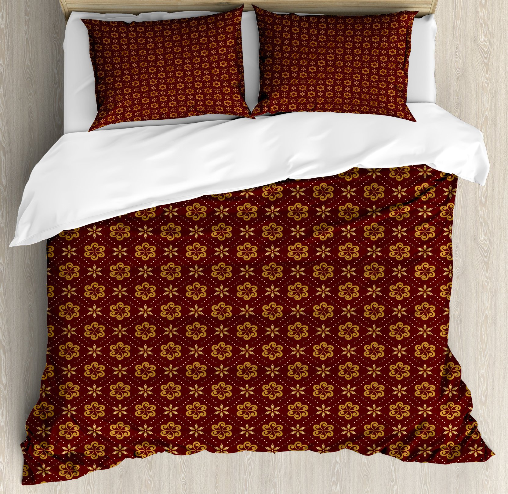 Ambesonne Abstract Duvet Cover Set King Size - Modern Geometric Floral Pattern with Swirls & Dots - 3 Piece Bedding Set Includes 2 Pillow Shams - Maroon & Pale Brown - Perfect for Contemporary Bedroom Decor & Guest Room Styling