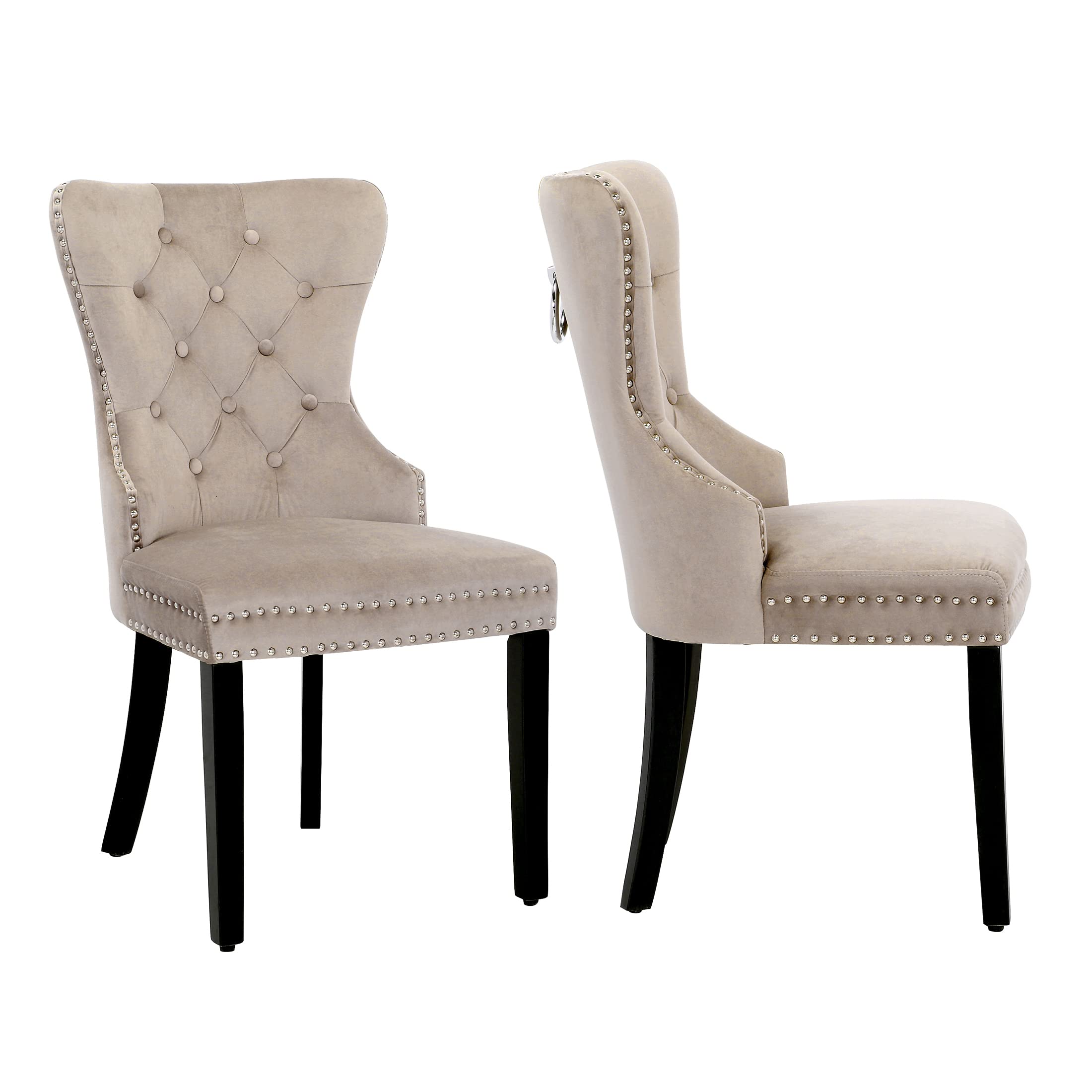 WestinTrends Velvet Dining Chairs Set of 2 - Modern Wingback Upholstered Kitchen Chairs with Button Tufting & Solid Wood Legs, Taupe - Perfect for Dining Room, Kitchen Island, and Home Office Seating