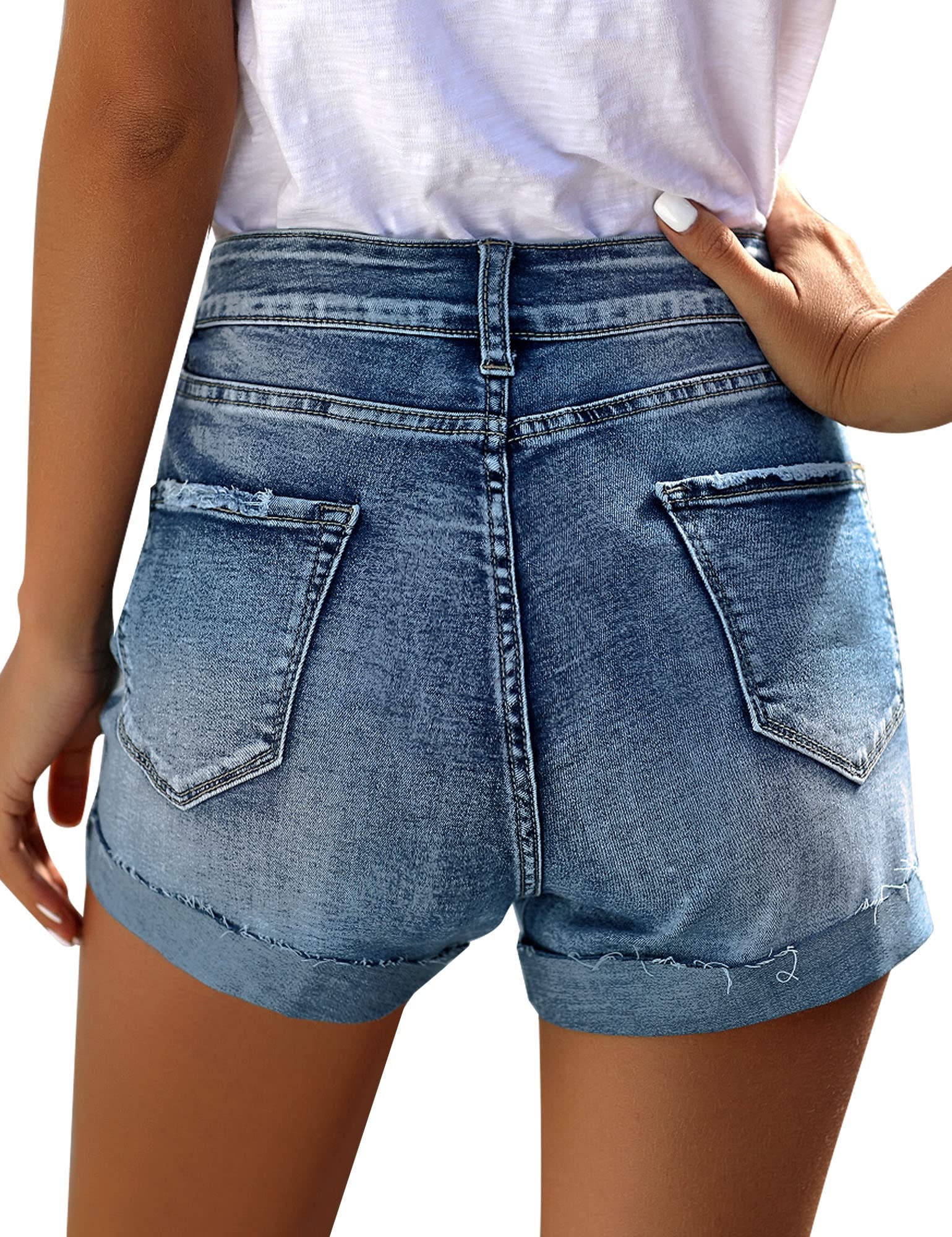 LookbookStore Women's High Waisted Denim Jean Shorts with Sewn Cuffs & Button Details | Summer Fashion Staple for Casual Outings, Beach Trips & Street Style