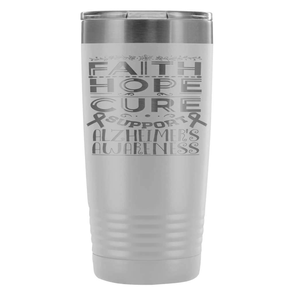 ODDITEES Alzheimer's Awareness Tumbler - 20oz Stainless Steel Travel Mug with Laser Etched Faith Hope Cure Design, White - Perfect for Coffee, Tea & Hot/Cold Drinks at Home, Office or On-The-Go