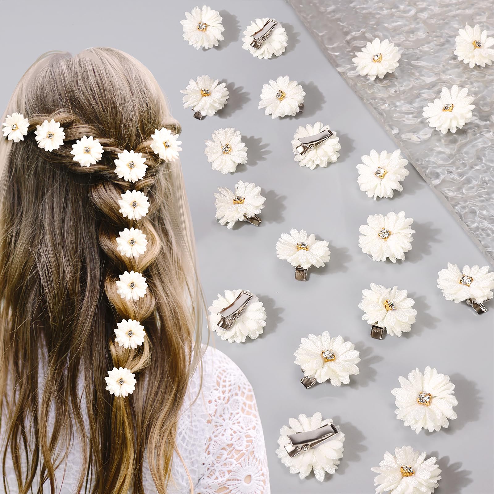 20PCS Small Flower Hair Clips with Rhinestones - Elegant Fabric Hair Accessories for Women & Girls - Perfect for Weddings, Parties & Everyday Wear
