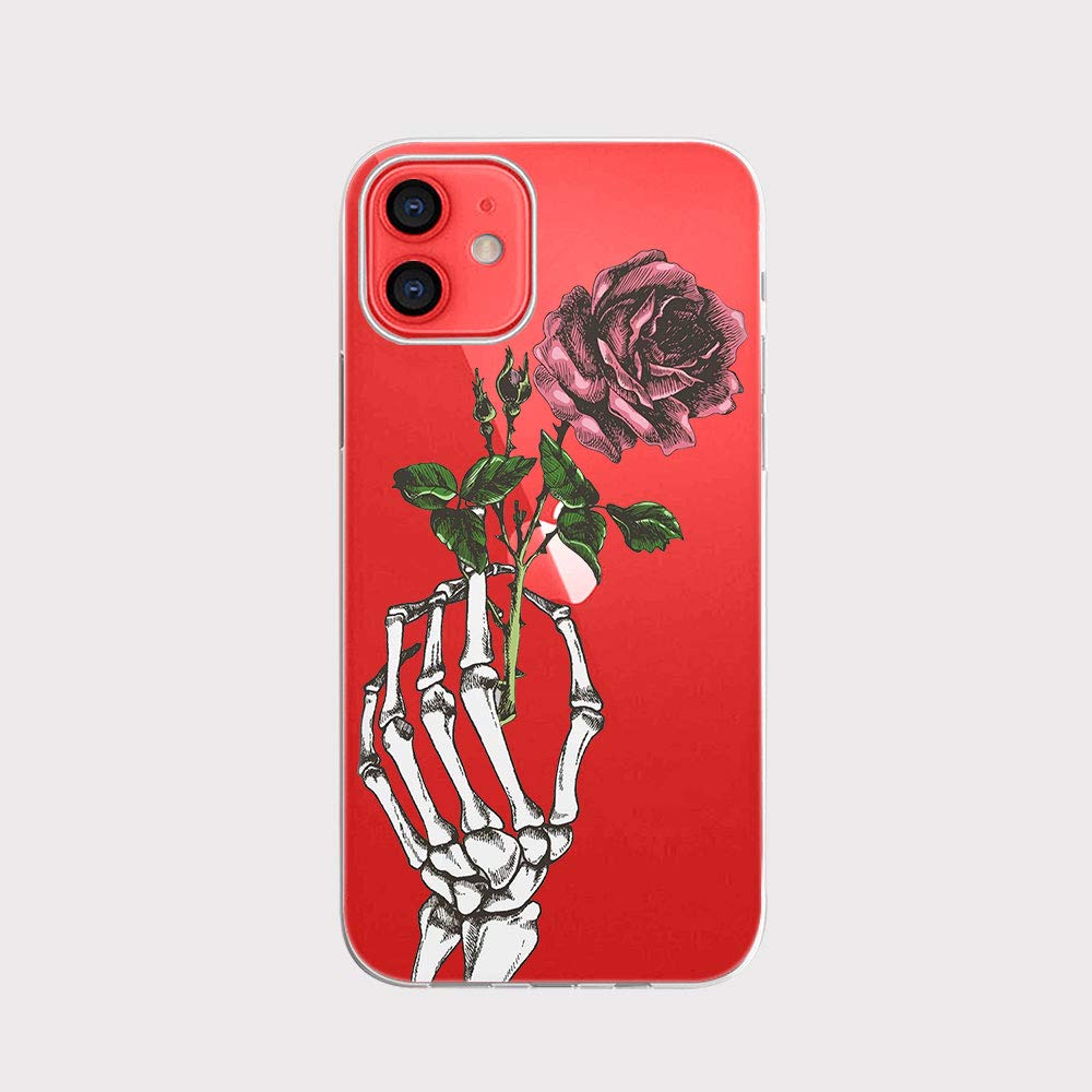 FancyCase Compatible with iPhone 12 Case (6.1 Inch) - Stylish Skeleton Rose Design Flexible TPU Protective Clear Cover | Slim Fit Shockproof Phone Case for Women & Men | Perfect for Daily Use, Work & Travel