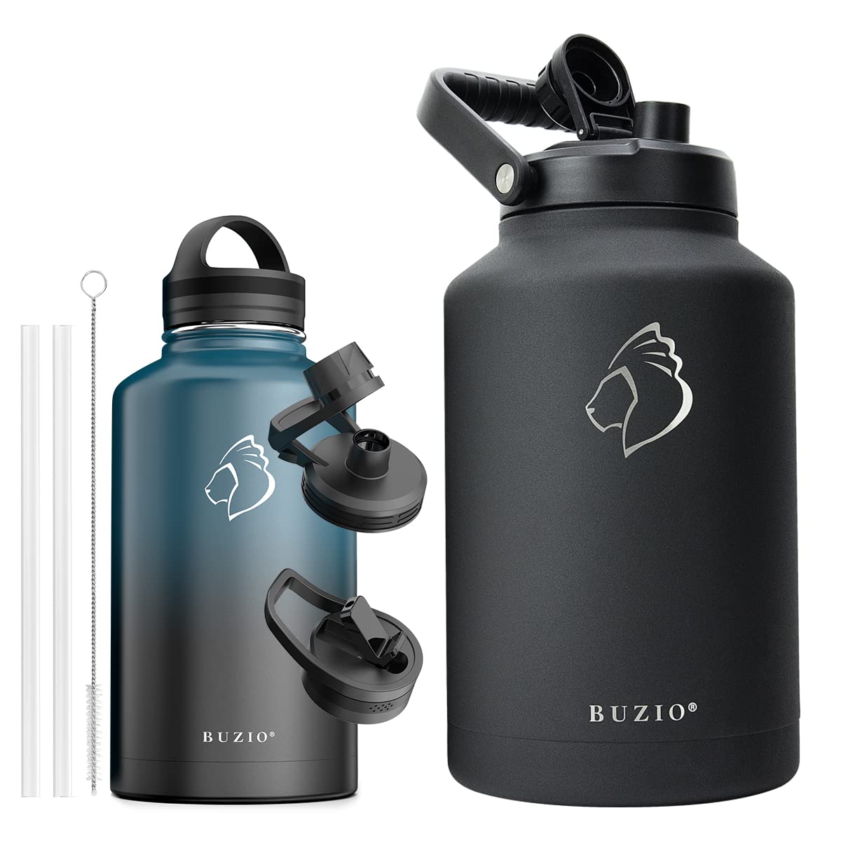 BUZIO 64oz Vacuum Insulated Stainless Steel Water Bottle with 1.5 Gallon Jug - BPA Free Double Wall Thermos Flask for Hot & Cold Drinks - Includes Carrying Pouch - Perfect for Hiking, Gym, Office & Outdoor Activities