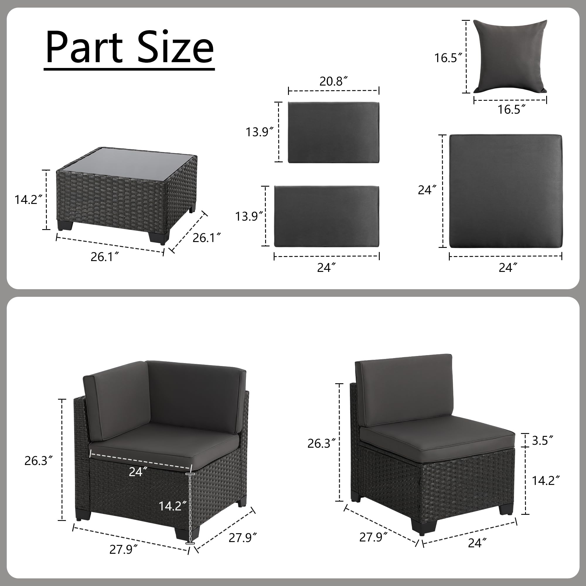 **KIGOTY 7-Piece Modular Outdoor Sectional Sofa Set - All-Weather PE Wicker Patio Furniture with Cushions & Glass Coffee Table (Green Cushions, Gray) - Perfect for Backyard, Poolside, or Garden Relaxation**