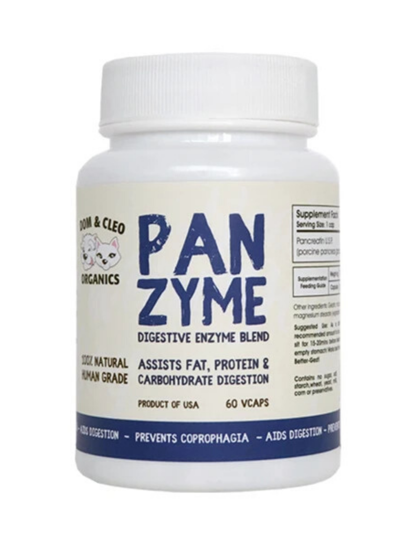 Dom & Cleo Panzyme Digestive Enzyme Supplement for Dogs & Cats - 60 Gelcaps | Supports Healthy Digestion & Nutrient Absorption for Pets | Ideal for Mealtime, Sensitive Stomachs & Senior Pets