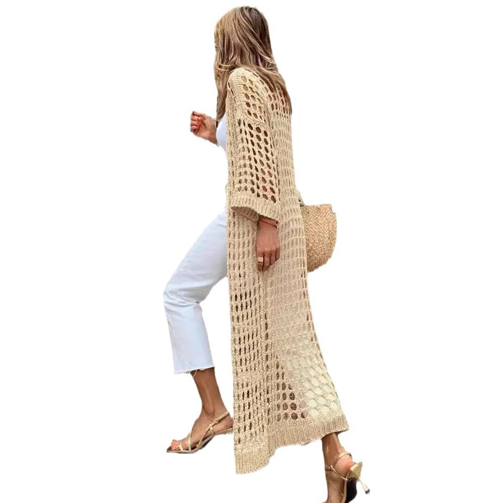 Women's Hollow-Out Long Cardigan - Lightweight Summer Beach Cover-Up, Boho Lace Knit Sweater for Vacation, Travel & Casual Outfits