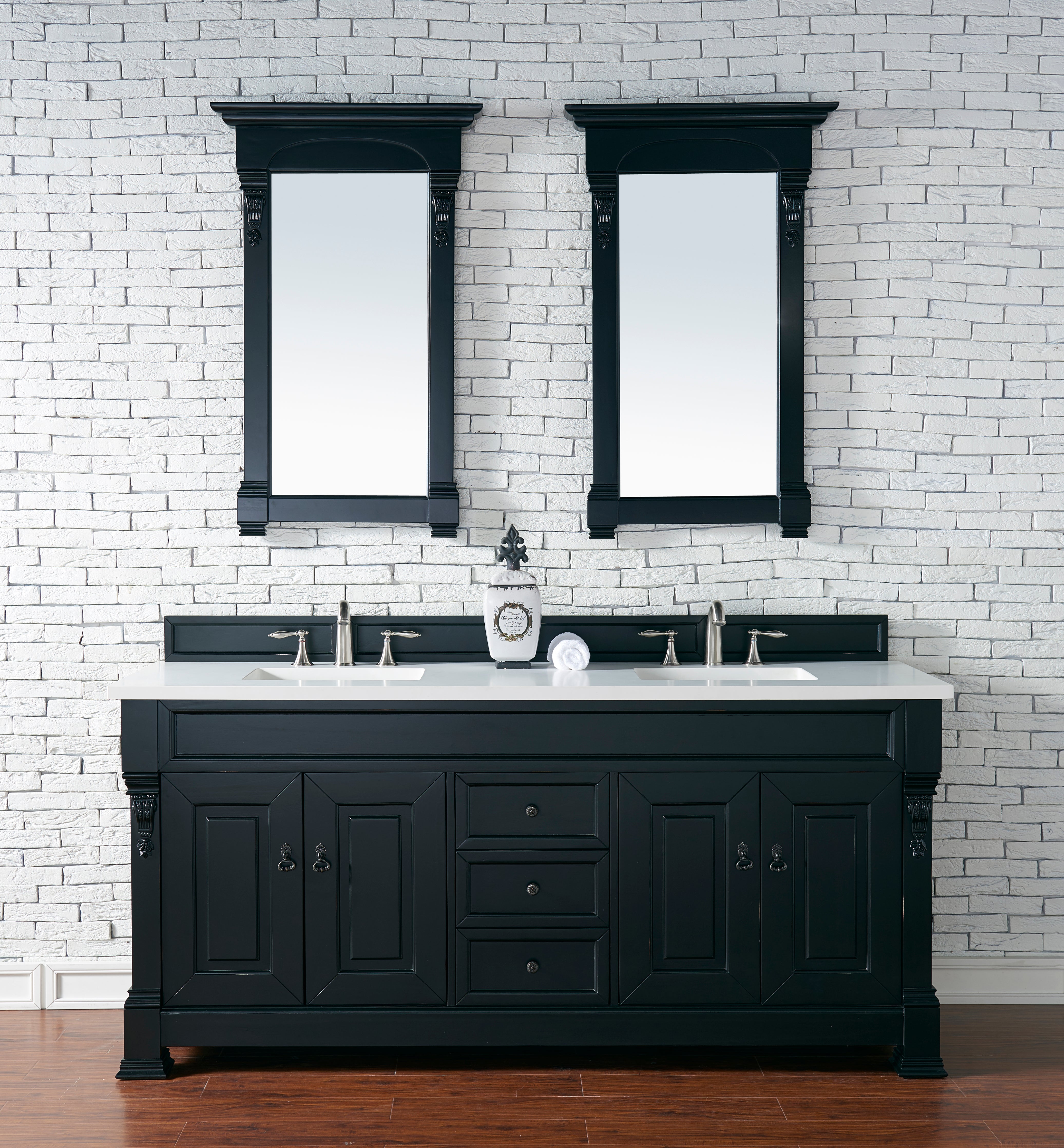 Brookfield 72 Inch Double Bathroom Vanity with Antique Black Finish & 3CM Classic White Quartz Countertop - Perfect for Master Bathroom & Modern Home Decor