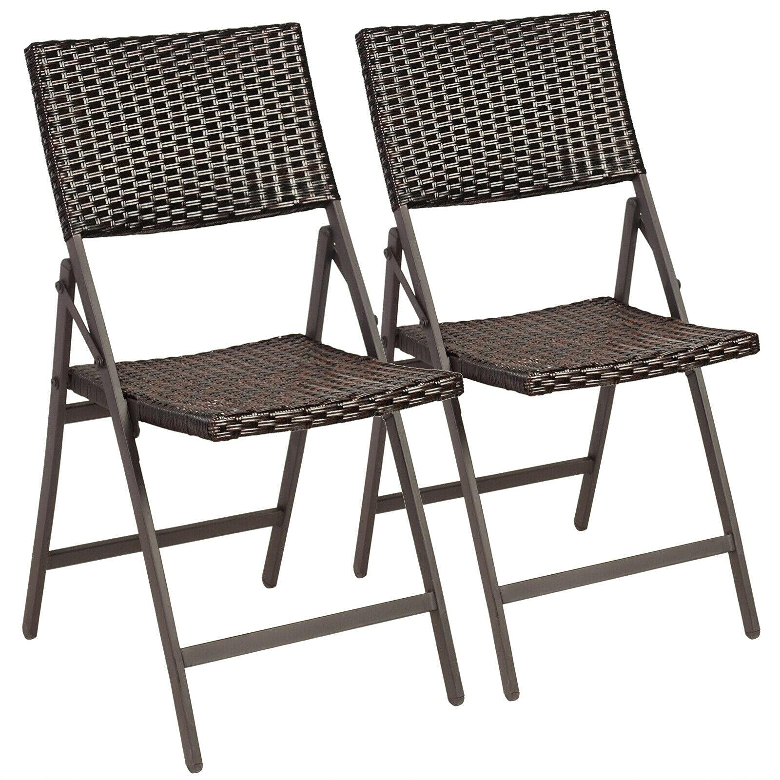 Comul Set of 2 Brown Rattan Folding Dining Chairs - Portable Outdoor Patio Furniture for Garden, Poolside, and Backyard Relaxation