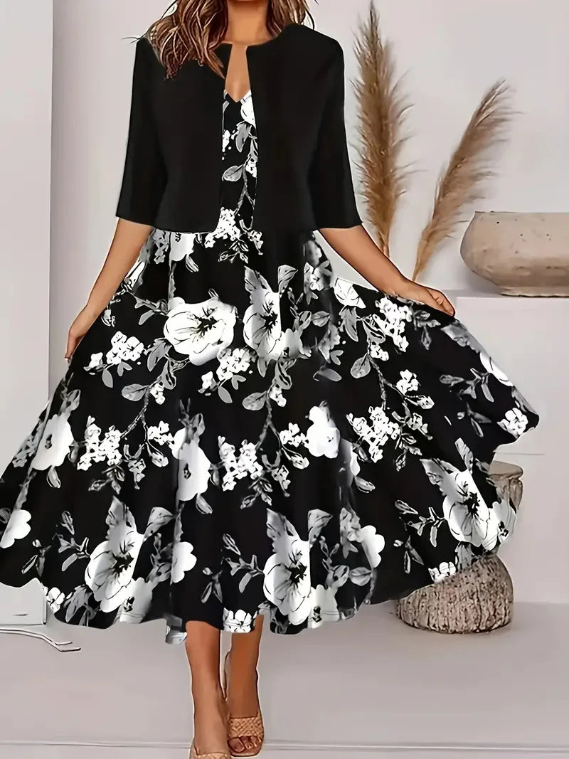 2025 Autumn Women's Long Sleeve Printed Dress with Short Cardigan Set - Casual Office Wear & Fall Outfits for Women