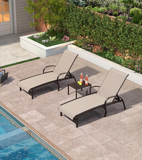 Premium Outdoor Chaise Lounge Chair Set of 3 - Aluminum Patio Pool Loungers with Side Table, Adjustable Tanning Recliner for Backyard, Deck, Garden & Beach (Khaki) | Perfect for Sunbathing, Poolside Relaxation & Outdoor Entertaining