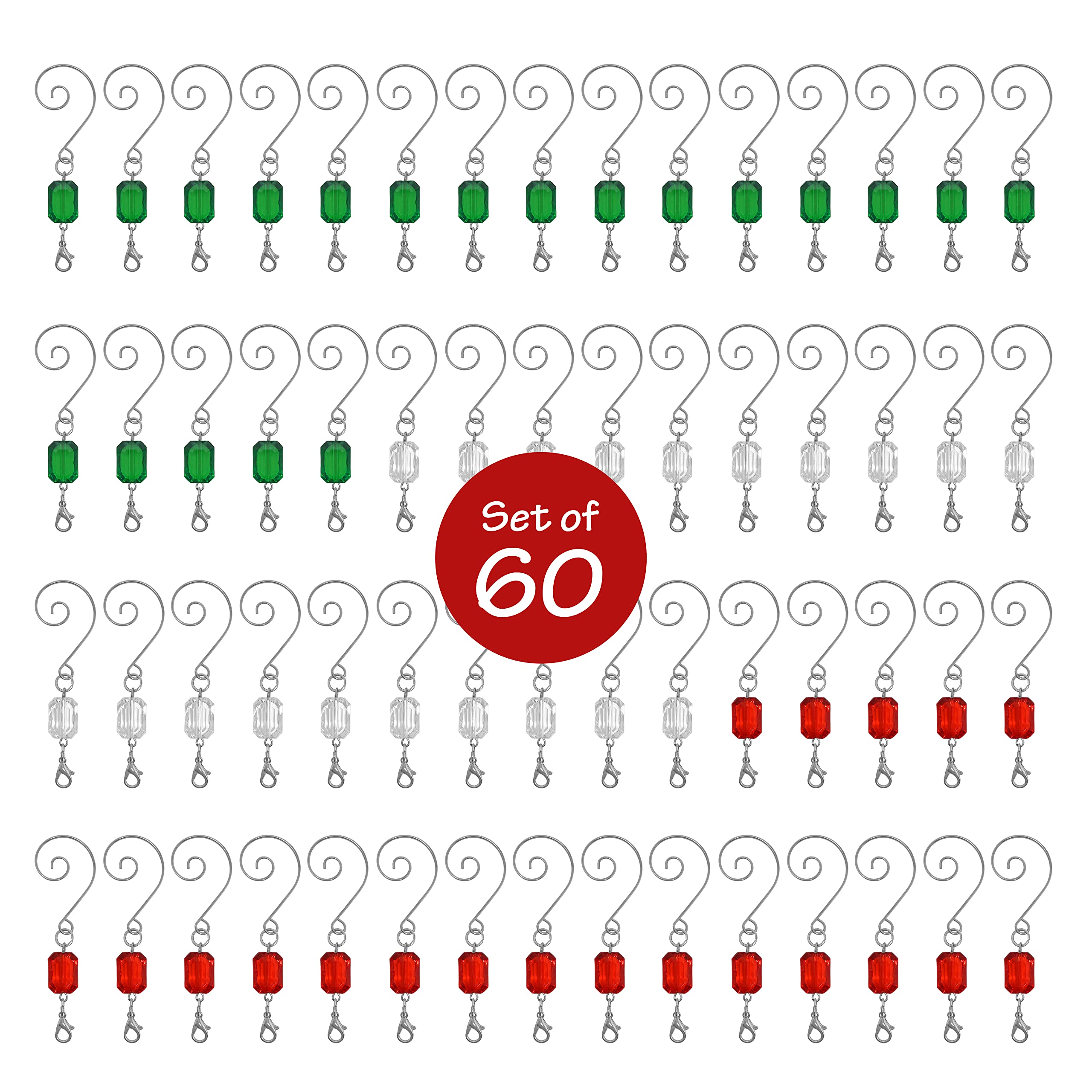 BANBERRY DESIGNS Christmas Ornament Hooks - Set of 30 (10 Red, 10 Green, 10 Clear Beaded Hangers) - Decorative Silver Wire S-Hooks with Sparkling Gems - Holiday Tree Decorations for Xmas, Party & Home Decor