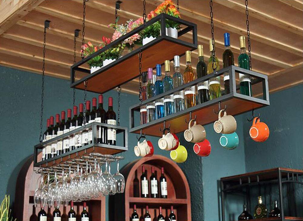 Vintage Adjustable Metal Chain Ceiling Wine Rack - Organize Kitchen Stemware Holder with Cup Hangers for Wine Bottles & Glasses - Perfect for Home Bars, Restaurants, Pubs & Commercial Use
