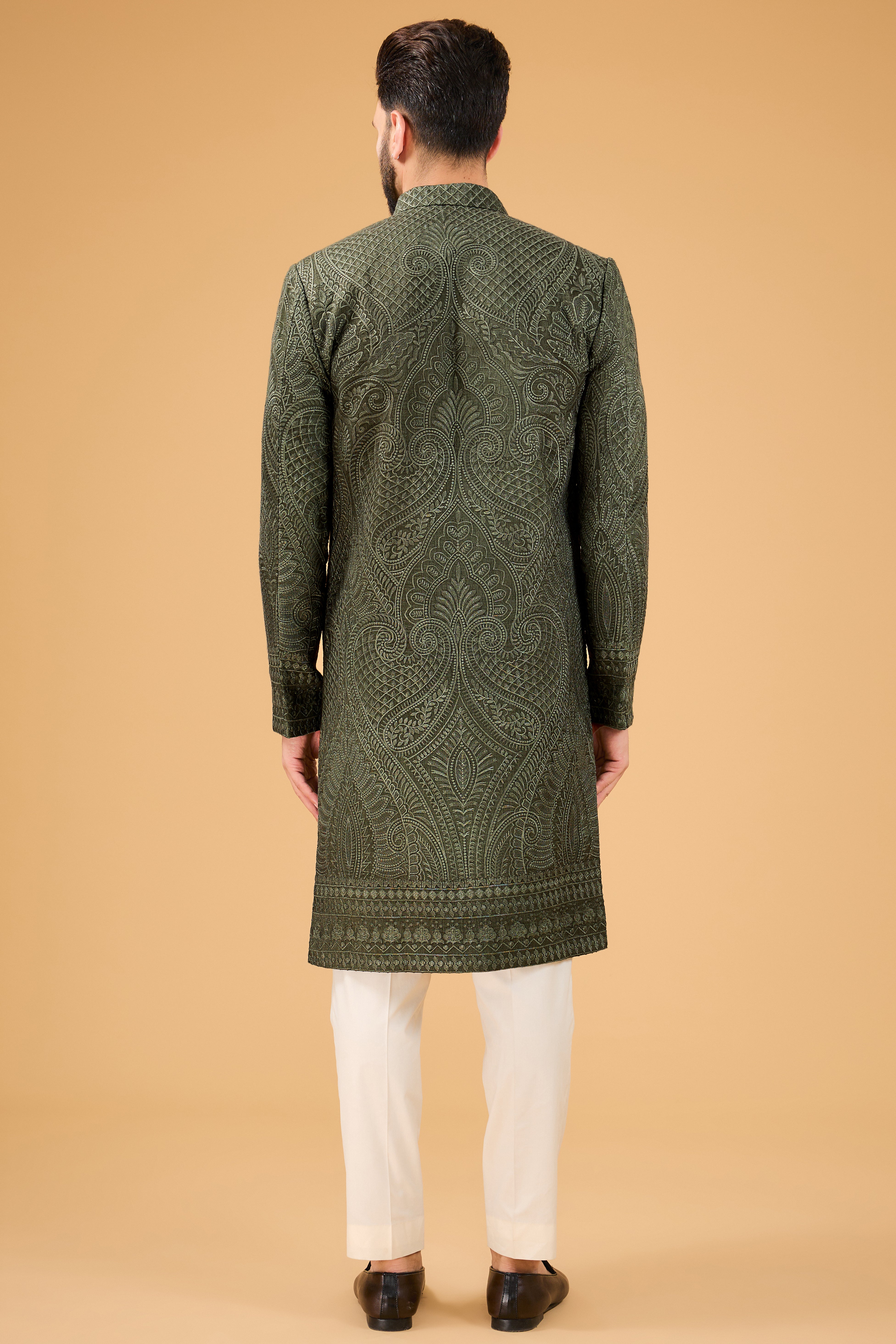 Military Green Kashmiri Embroidered Sherwani for Men - Traditional Indian Wedding Attire & Festive Occasion Wear