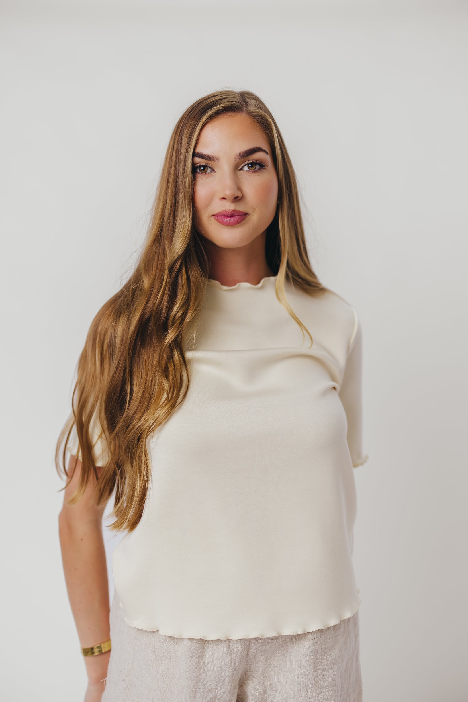 P.Cill Jemma Butter Modal Mockneck Top with Merrow Edge - Soft Eggshell Women's Blouse for Work, Date Night & Casual Outfits