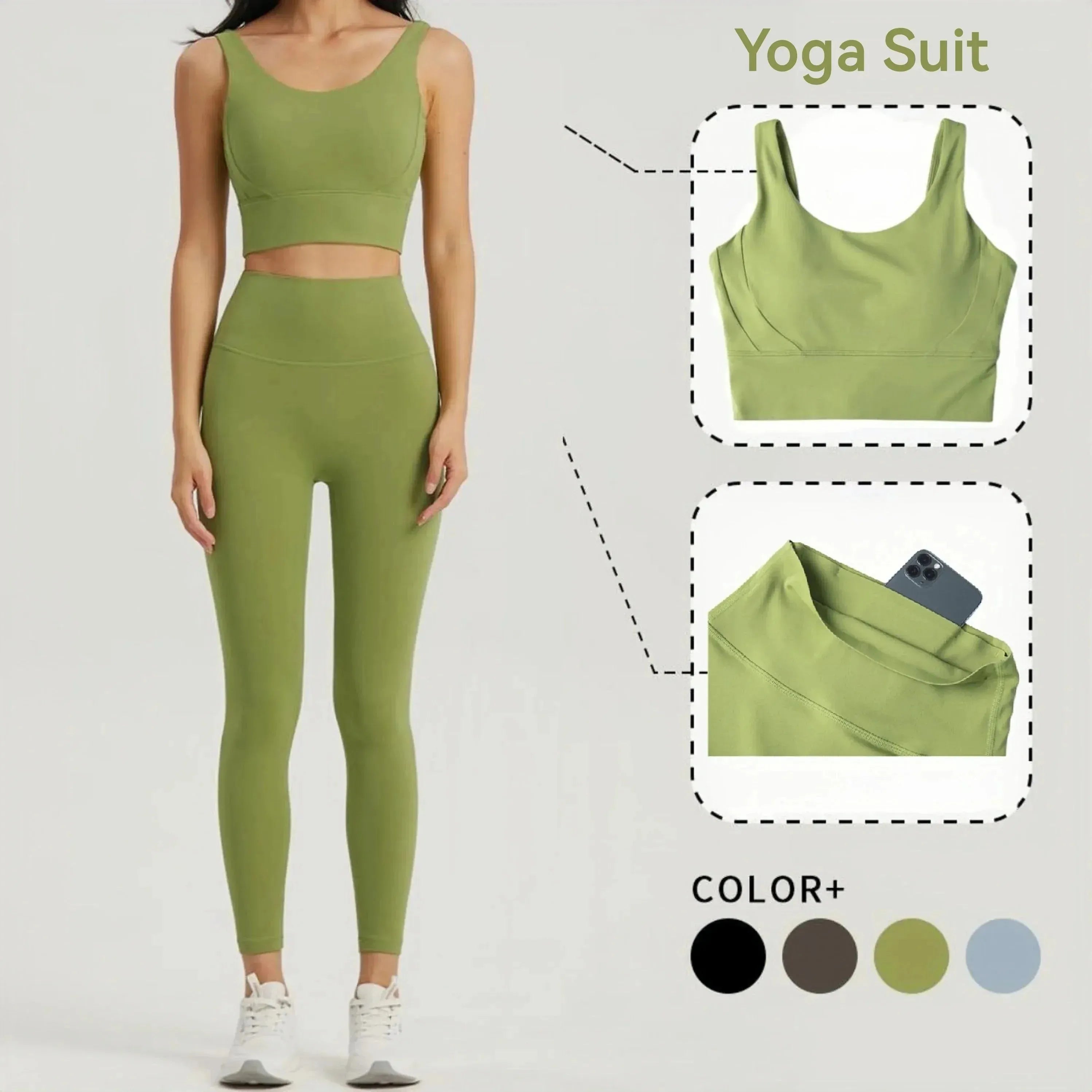 Seamless Yoga Set for Women - High Waist Yoga Pants with Pockets & Supportive Sports Bra - Moisture Wicking Gym Clothes for Yoga, Pilates & Workout - Perfect for Studio Sessions & Home Fitness