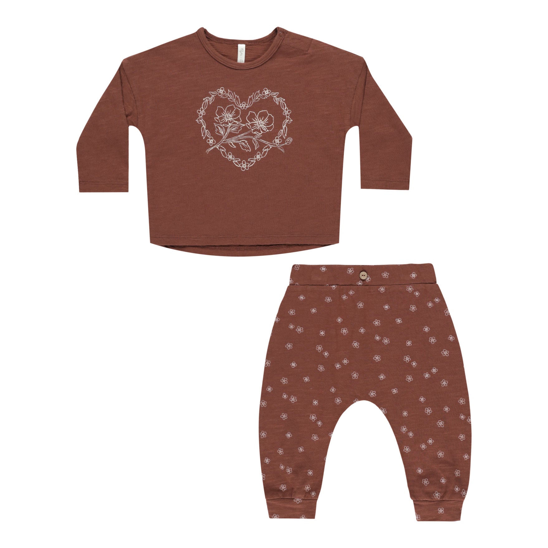 Long Sleeve Tee & Pant Set for Women - Posey Heart Print in Brick Red | Cute Matching Outfit for Casual Wear, Family Photos & Holiday Outfits | FINAL SALE