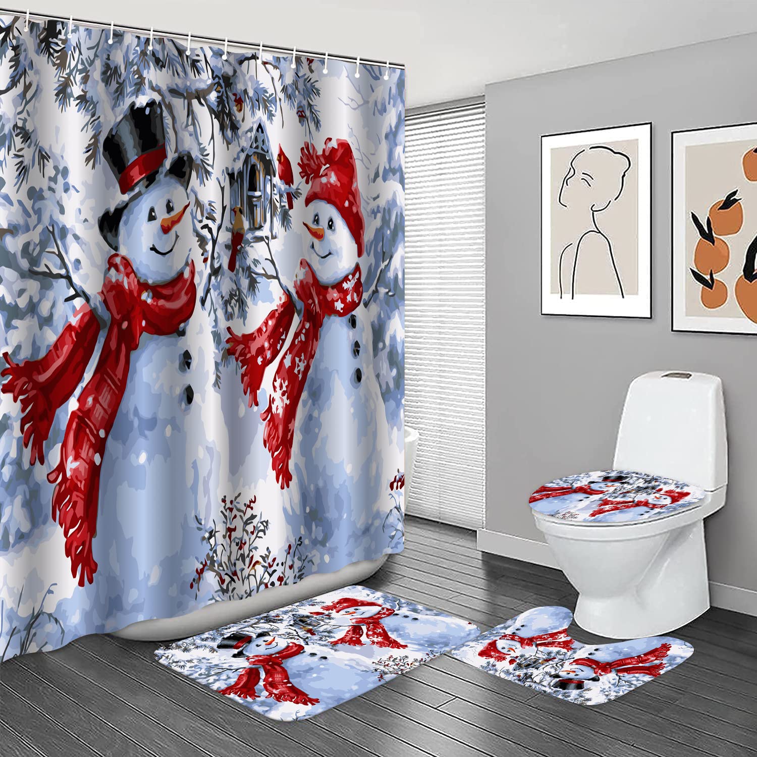 Christmas Snowman Couple Bathroom Set - Waterproof Red Heart Scarf Shower Curtain with Matching Rug, Toilet Cover & Bath Mat | Holiday Bath Decor for Festive Winter & Christmas Bathroom Scenes
