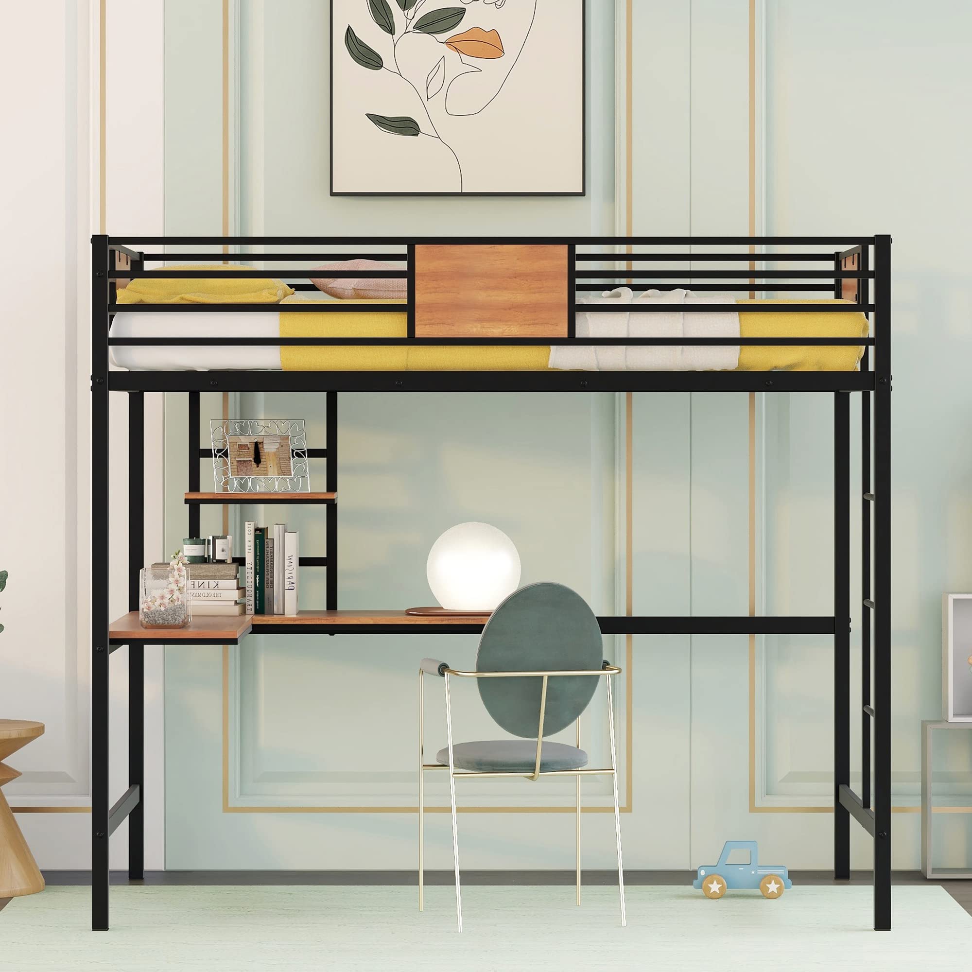 P PURLOVE Twin Loft Bed with Desk & Shelves - Sturdy Metal Frame, No Box Spring Required - Space-Saving Black Loft Bed for Kids & Teens - Perfect for Small Bedrooms, Dorms & Studio Apartments