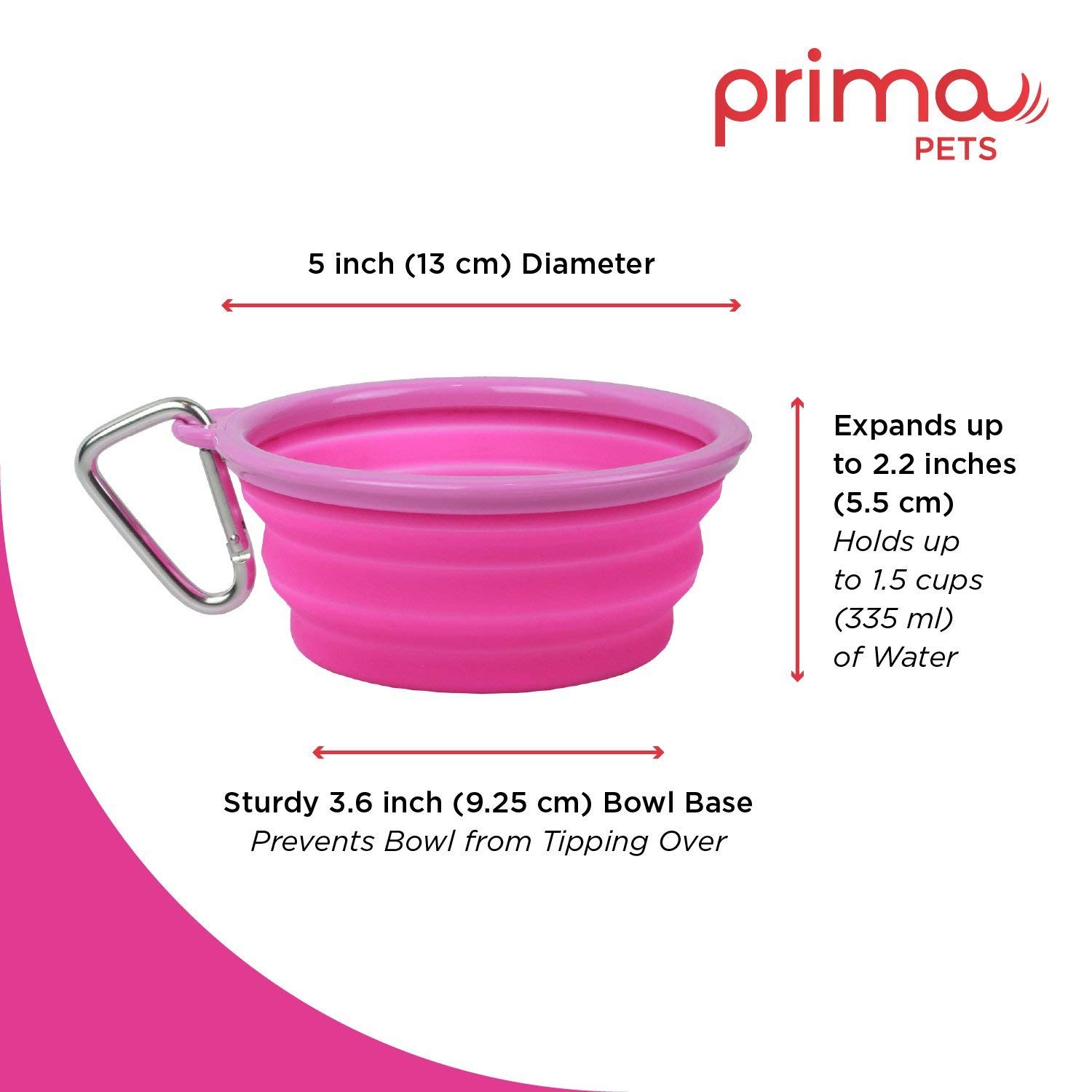 **Prima Pet Expandable Collapsible Silicone Travel Bowl for Dogs & Cats – 1.5 Cup (5.1 Inch) – Portable Food & Water Dish with Clip – Perfect for Hiking, Camping & Travel (Pink)**