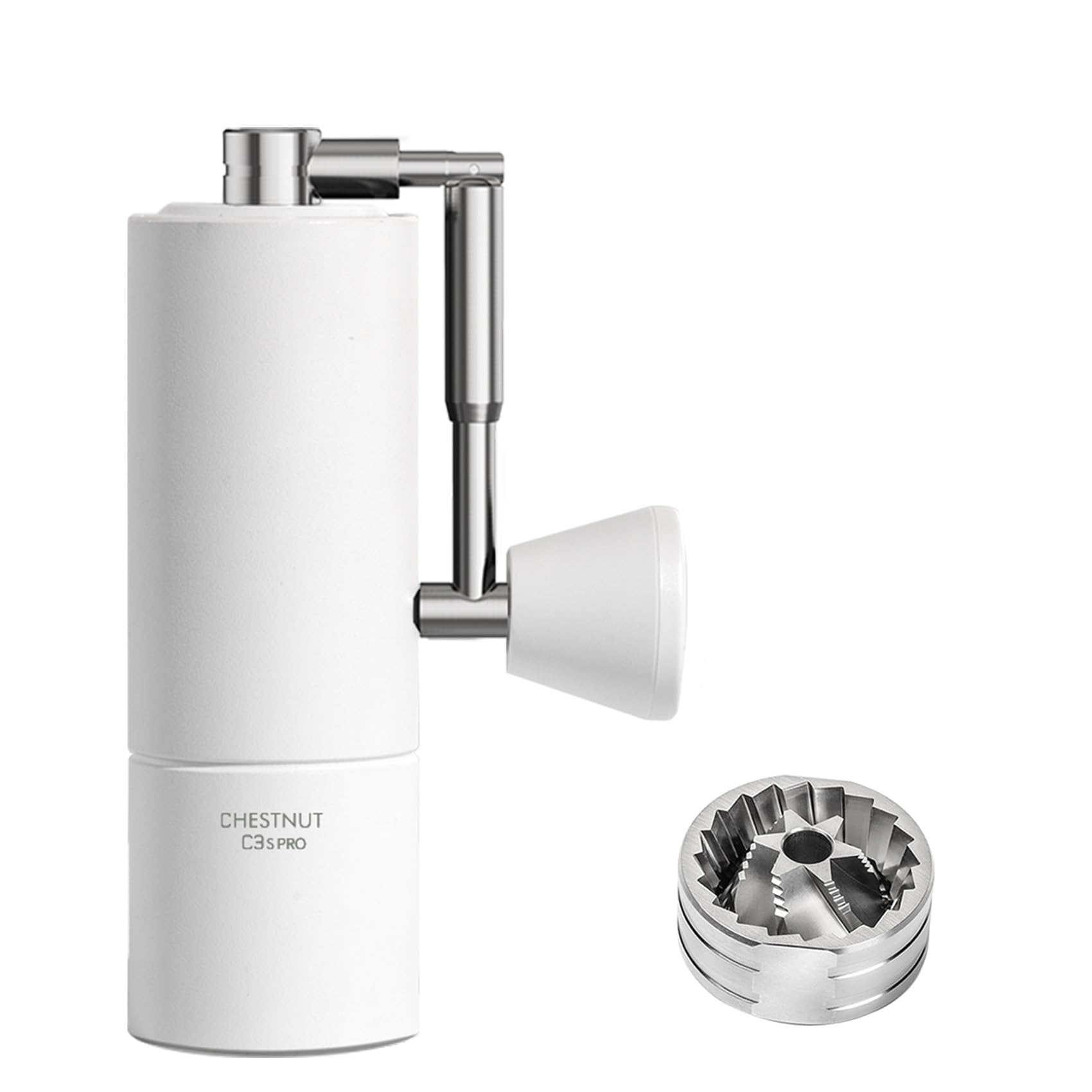 TIMEMORE Chestnut C3S Pro Manual Coffee Grinder - Premium Stainless Steel S2C Conical Burr Hand Mill with Foldable Handle & Adjustable Settings for Espresso, French Press, Pour Over - Perfect for Travel, Camping, Home & Office Use - White