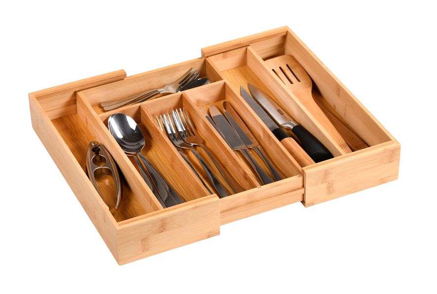 Adjustable Bamboo Cutlery Tray - Expandable Kitchen Organizer for Utensils, Knives & Spoons - Perfect for Drawer Storage & Home Organization