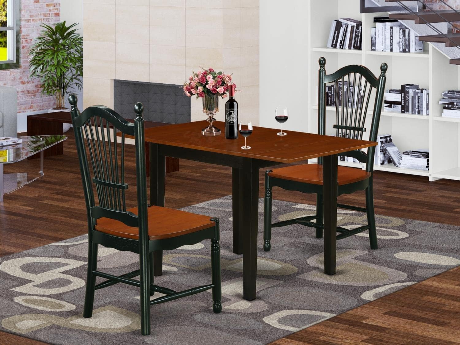 Modern 3-Piece Dining Table Set with Drop Leaf & 2 Chairs - 30x48 Inch Black & Cherry Wood - East West Furniture NDDO3-BCH-W - Perfect for Small Spaces, Breakfast Nooks & Apartment Dining Rooms