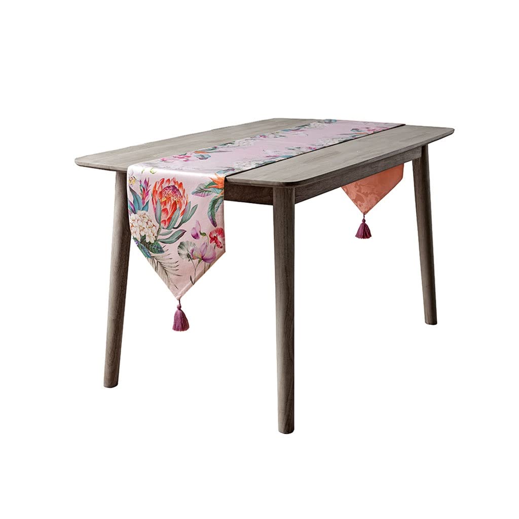 Elegant Embroidered Velvet Table Runner with Tassels - 32x180cm Rectangular Long Coffee Table Cover for Parties & Home Decor (Pink) - Perfect for Weddings, Dining Tables, and Holiday Decorations