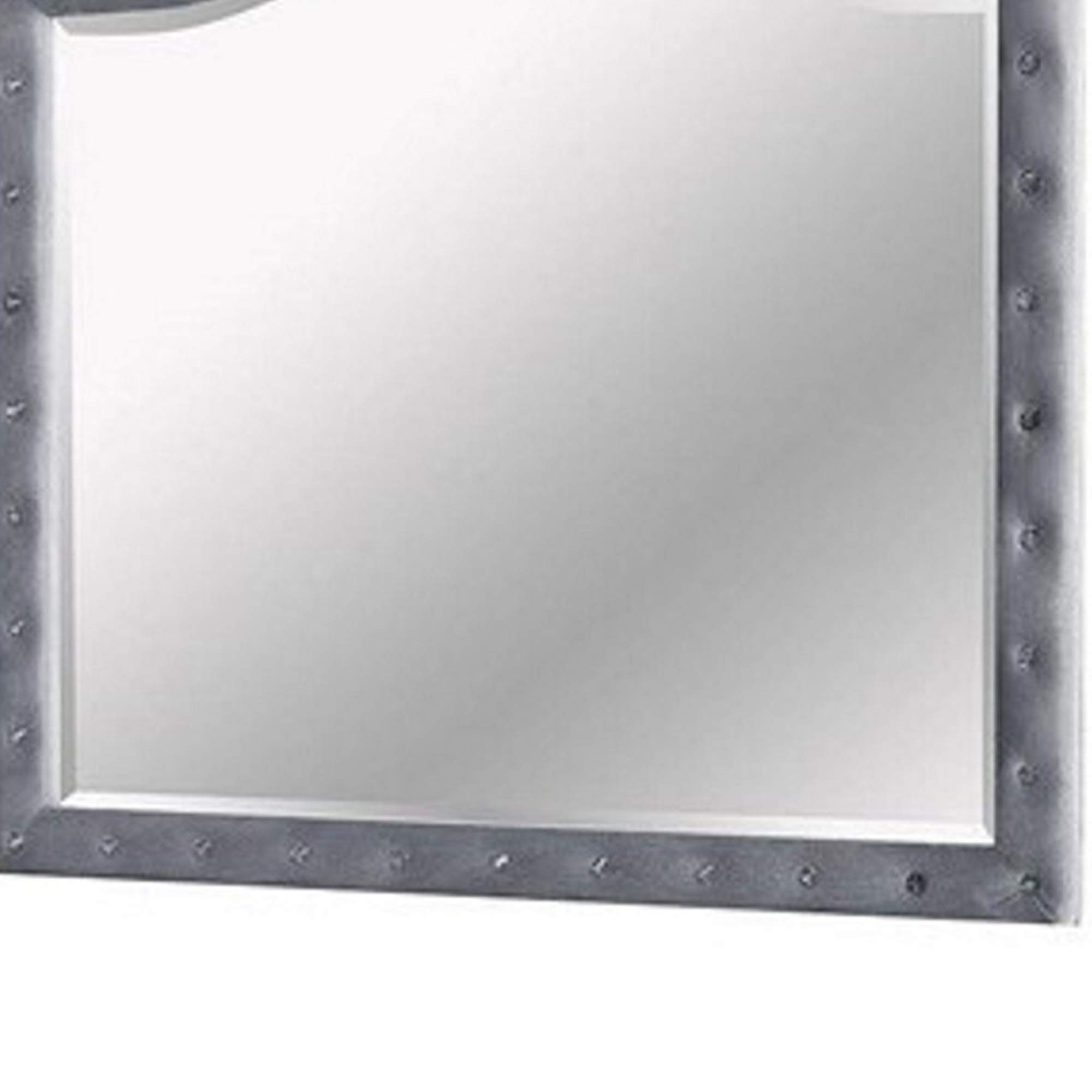 Benjara 38 Inch Gray Fabric Padded Frame Mirror with Button Tufting - Elegant Full-Length Dressing Mirror for Bedroom, Living Room, and Entryway Decor