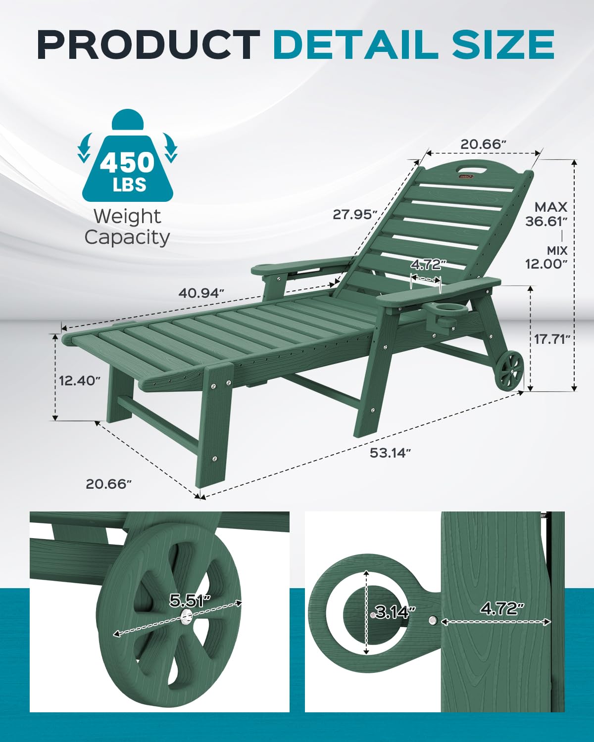 5-Position Adjustable Outdoor Chaise Lounge Chair with Wheels & Double Cup Holders - Wood Texture Patio Poolside Lounge for Backyard, Garden, Beach - Comfortable Sunbathing & Relaxation Furniture (Green)