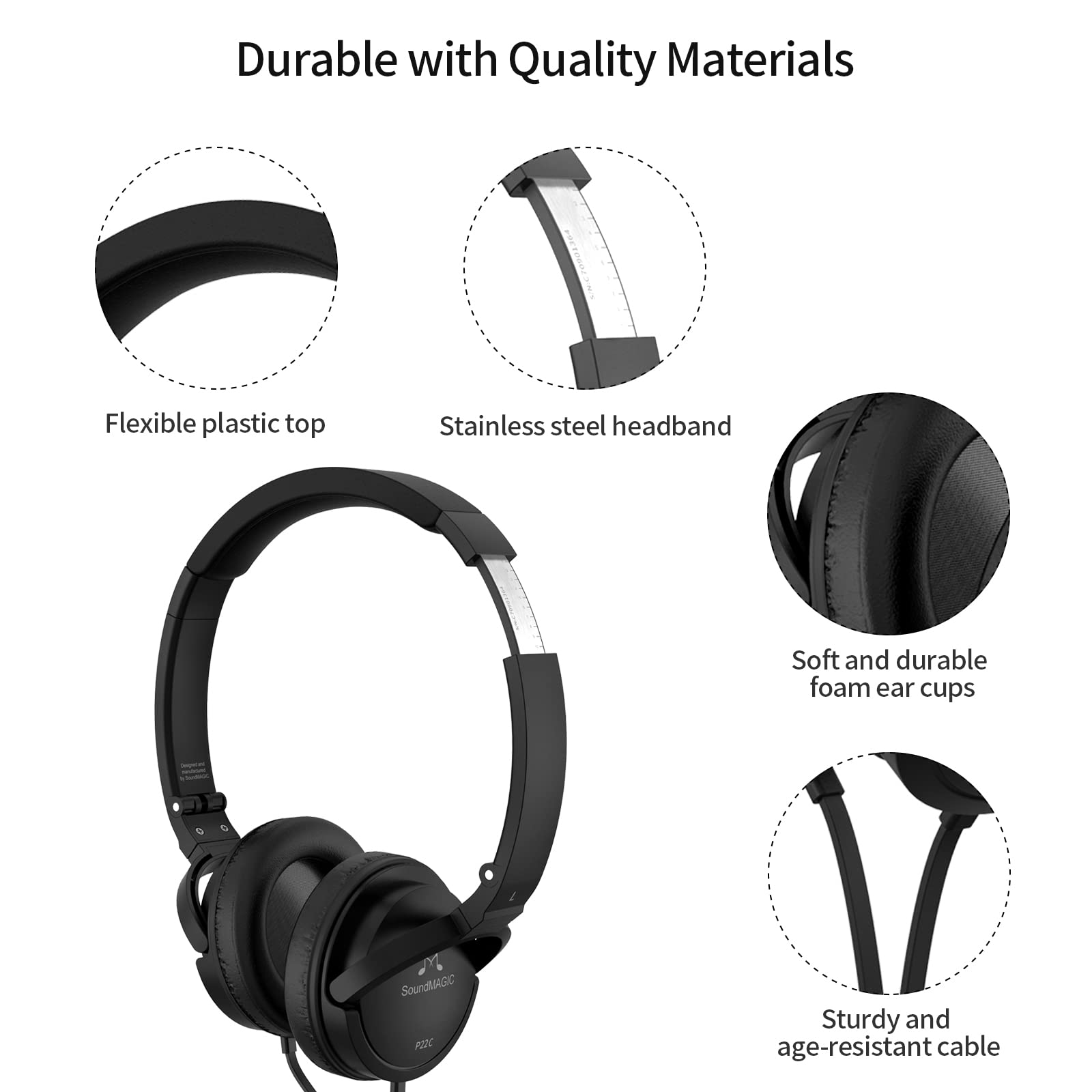 SoundMAGIC P22C Lightweight On-Ear Headphones with Microphone - Wired HiFi Stereo Headset, Noise Isolation, Foldable Design - Comfortable & Portable for Commuting, Travel, Office Work (Black)
