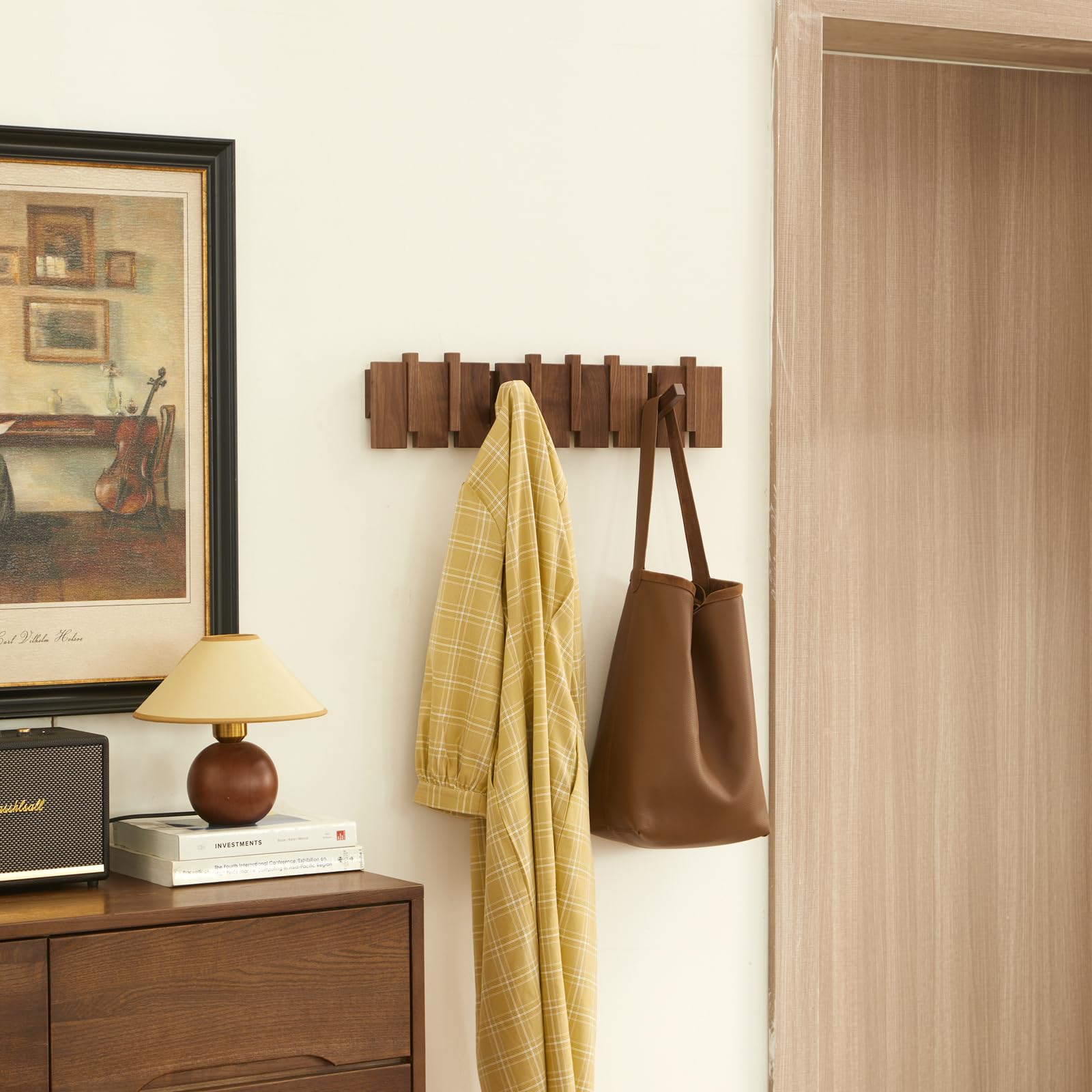 Sturdy Walnut Wood Wall Mounted Coat Rack with 8 Heavy Duty Hooks - Perfect for Hanging Coats, Keys, Hats, Robes, Towels, Plants & Bags - Ideal for Entryway, Bedroom, Bathroom & Mudroom Organization